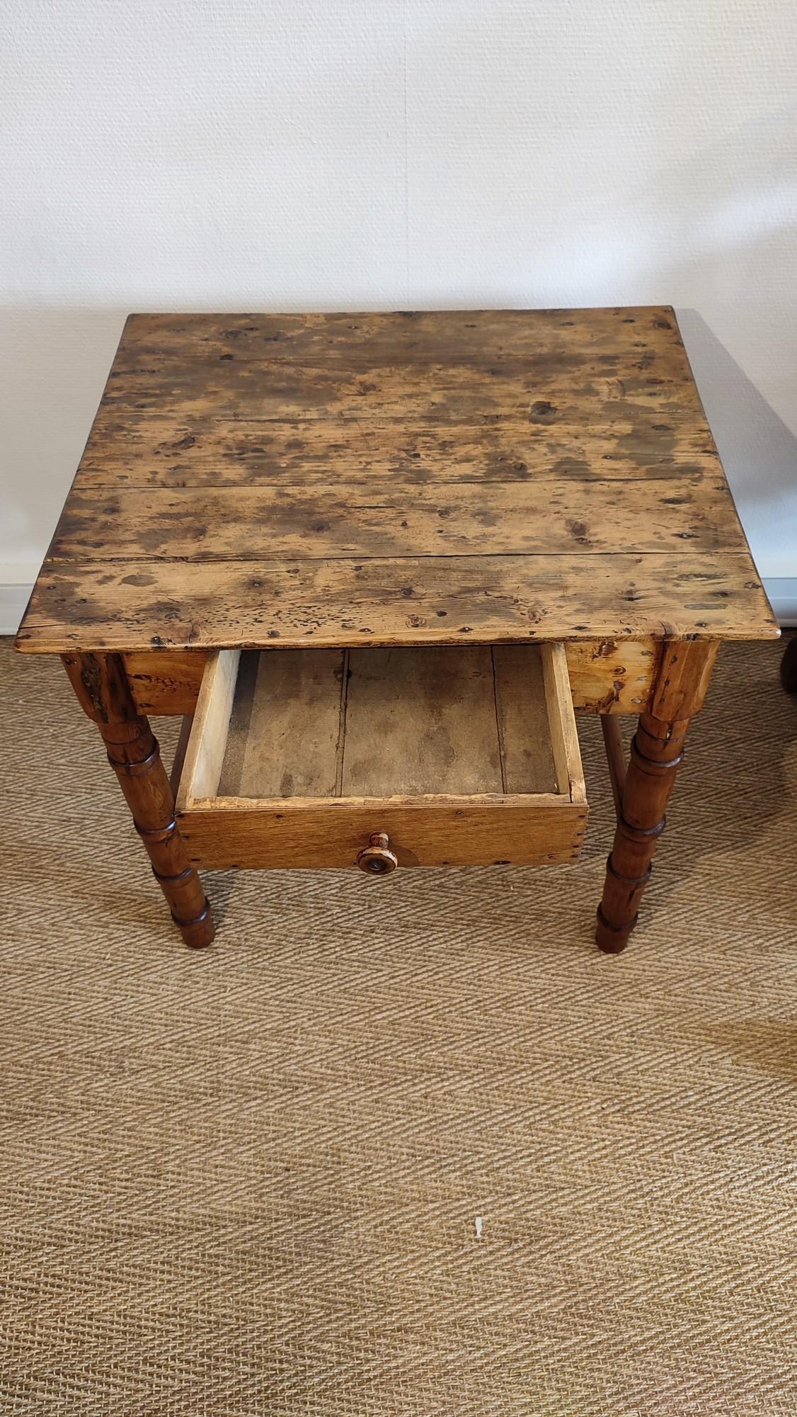 Rustic Heavily Patinated Brutalist Pine Table with a Drawer For Sale
