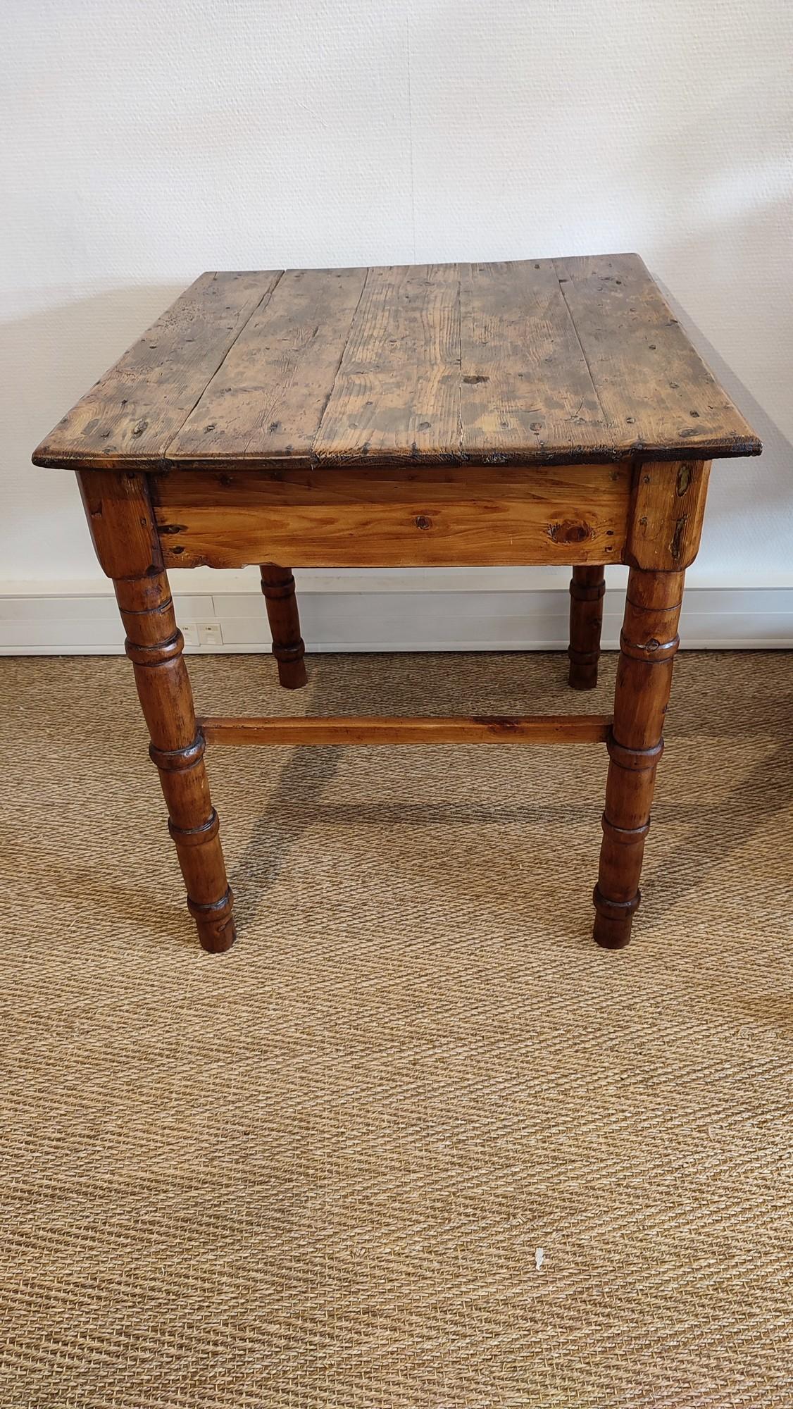 French Heavily Patinated Brutalist Pine Table with a Drawer For Sale