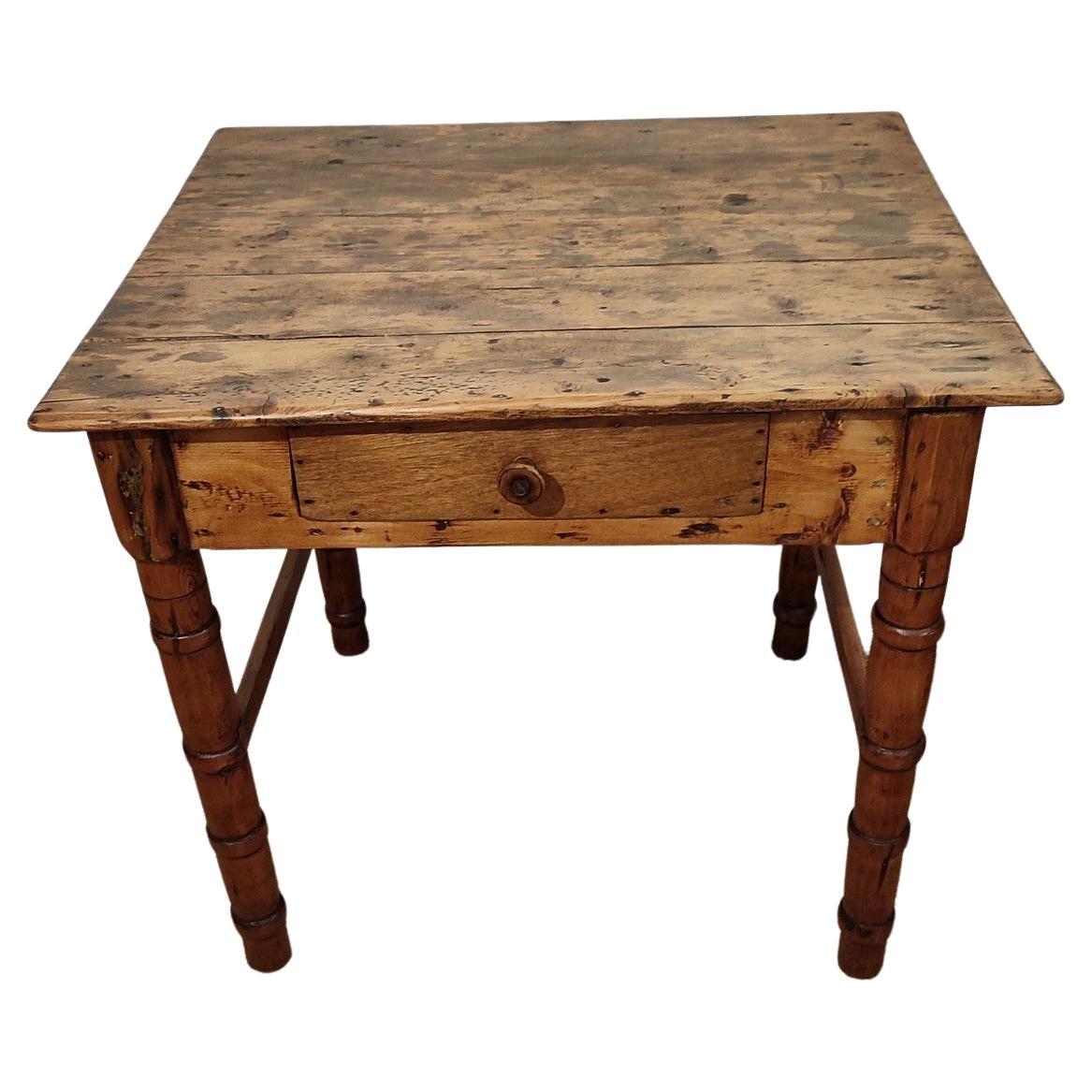 Heavily Patinated Brutalist Pine Table with a Drawer For Sale