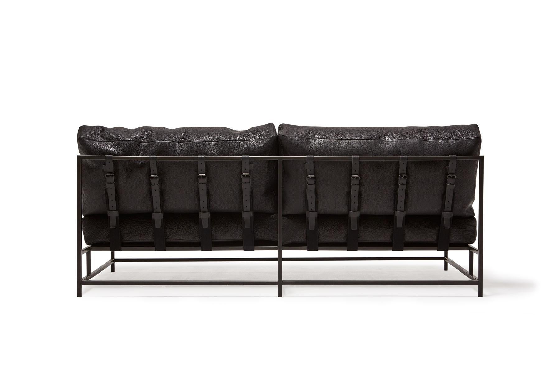 Modern Heavily Pebbled Black Leather & Blackened Steel Loveseat For Sale