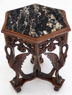 Heavily Pierce Carved Walnut Hexagon Marble-Top Crane Bird Motive Stand Pedestal