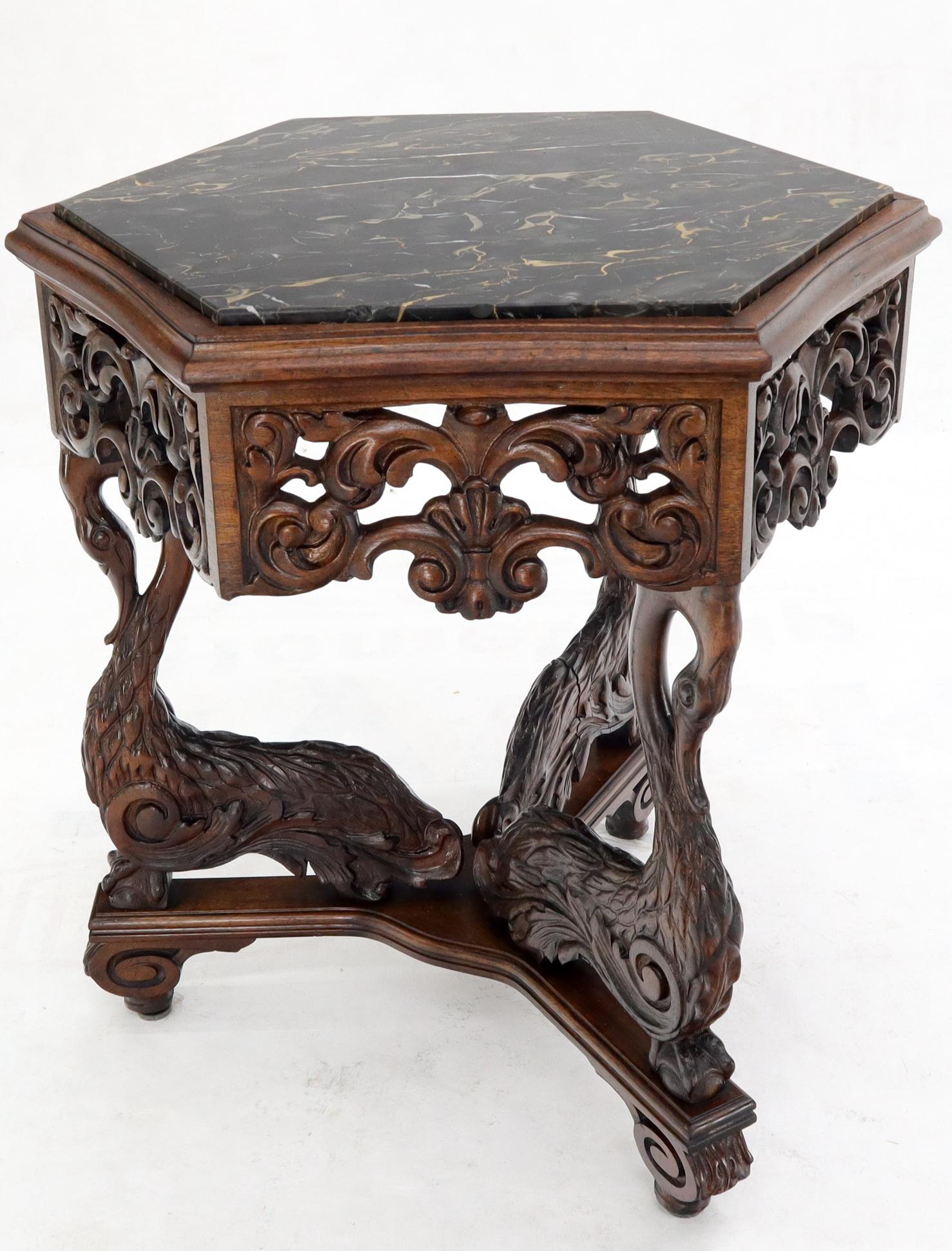 Heavily carved walnut hexagon shape marble-top lamp side table stand pedestal.
