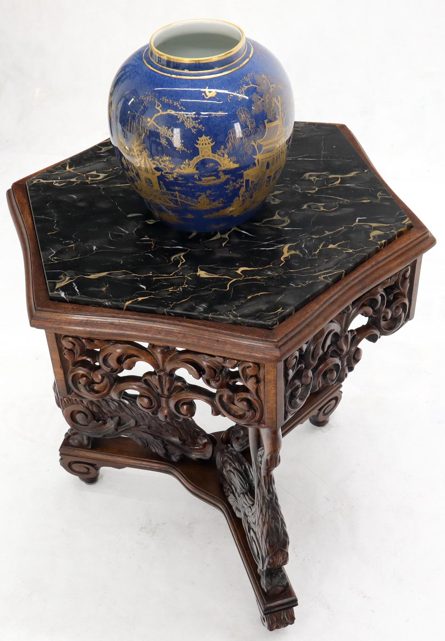Neoclassical Heavily Pierce Carved Walnut Hexagon Marble Top Swann Bird Motive Stand Pedestal For Sale
