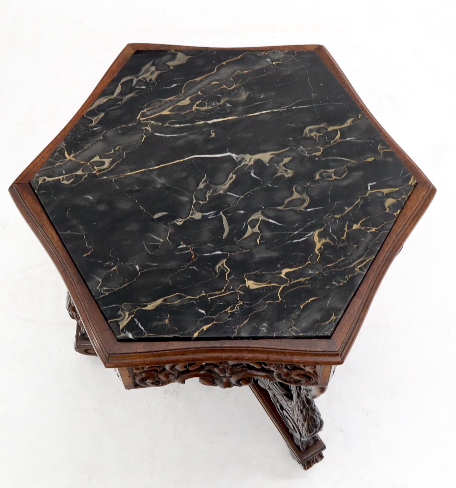 Heavily Pierce Carved Walnut Hexagon Marble Top Swann Bird Motive Stand Pedestal For Sale 3