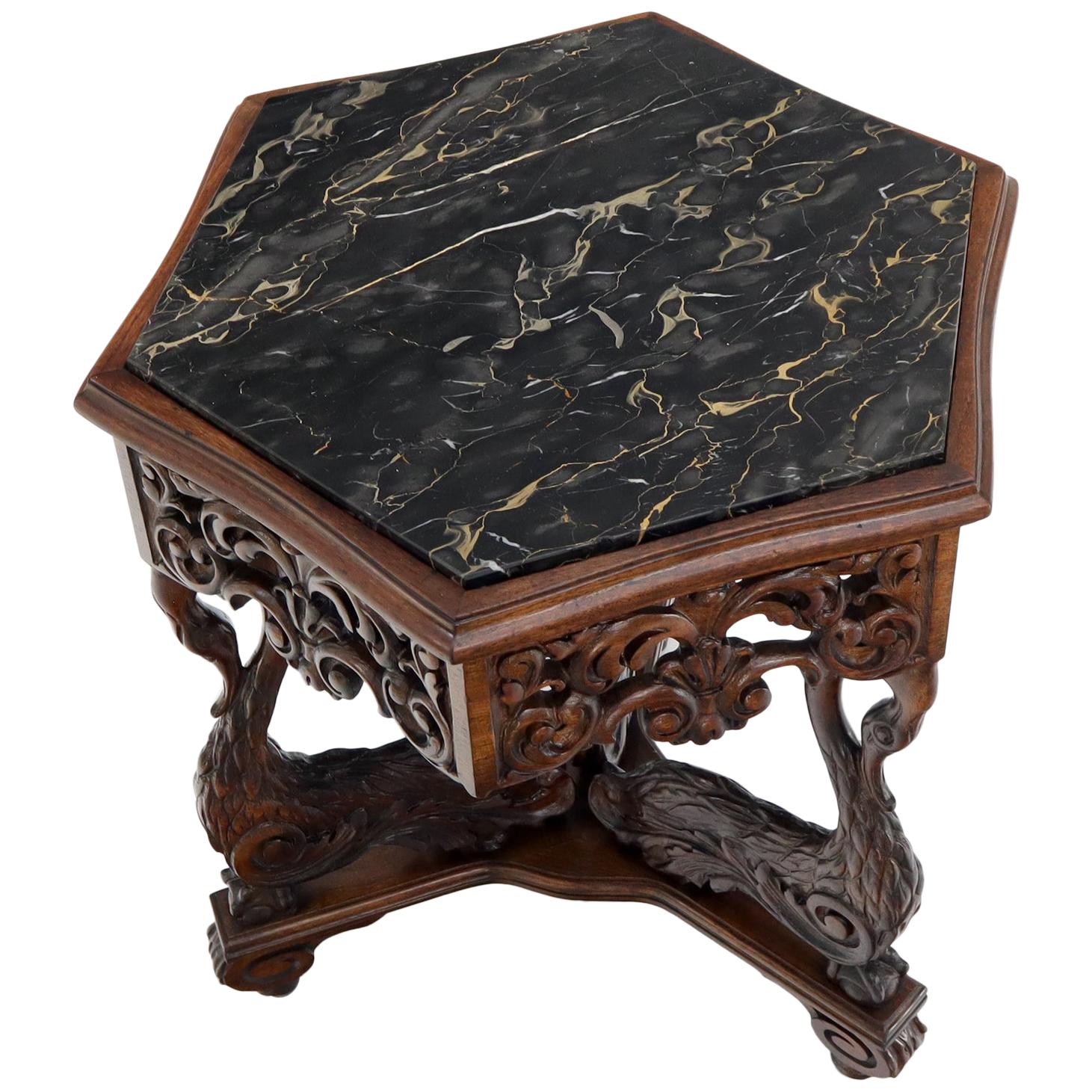 Heavily Pierce Carved Walnut Hexagon Marble Top Swann Bird Motive Stand Pedestal For Sale