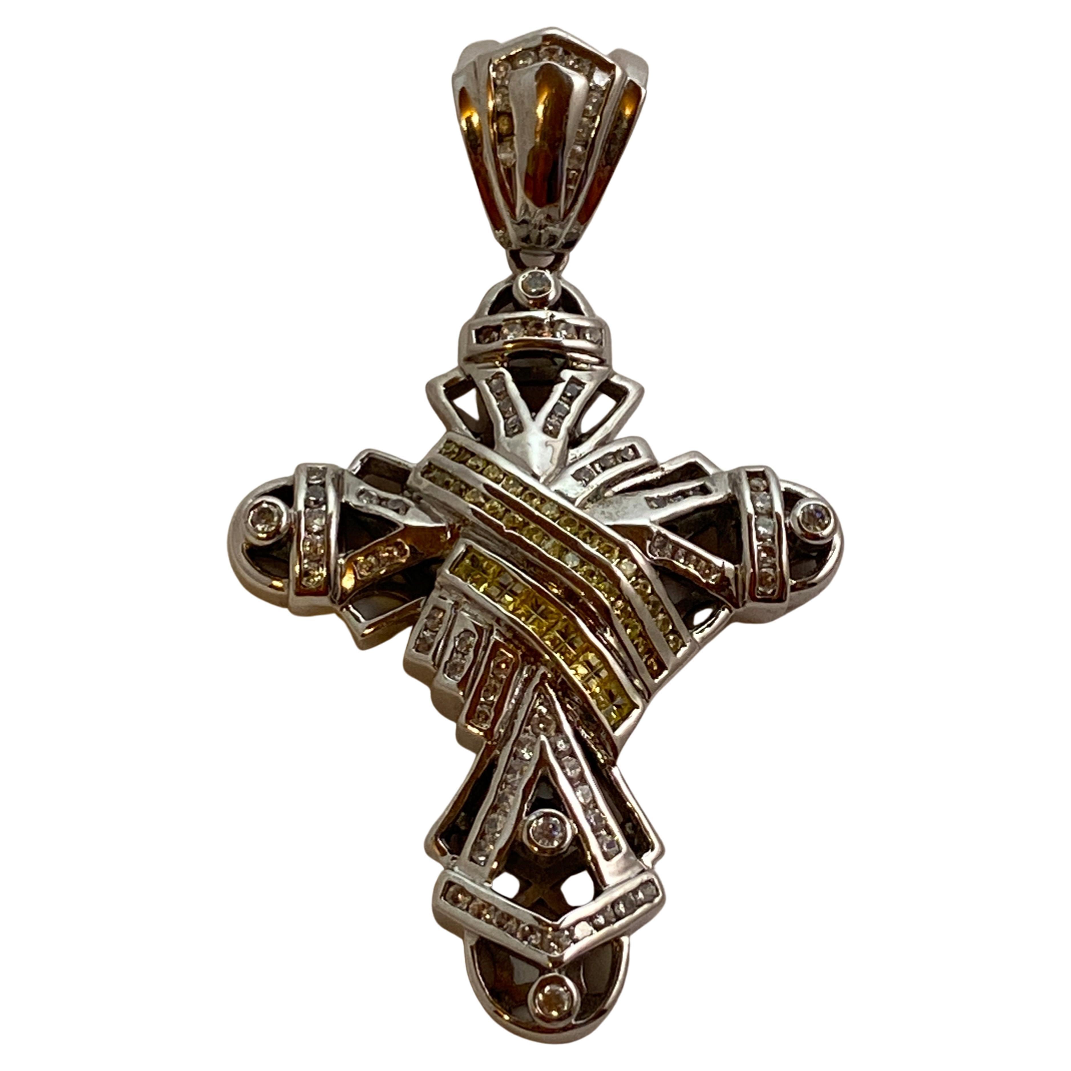 Heavily Plated White Gold Cross Pendant Accented With Semi Precious Stones