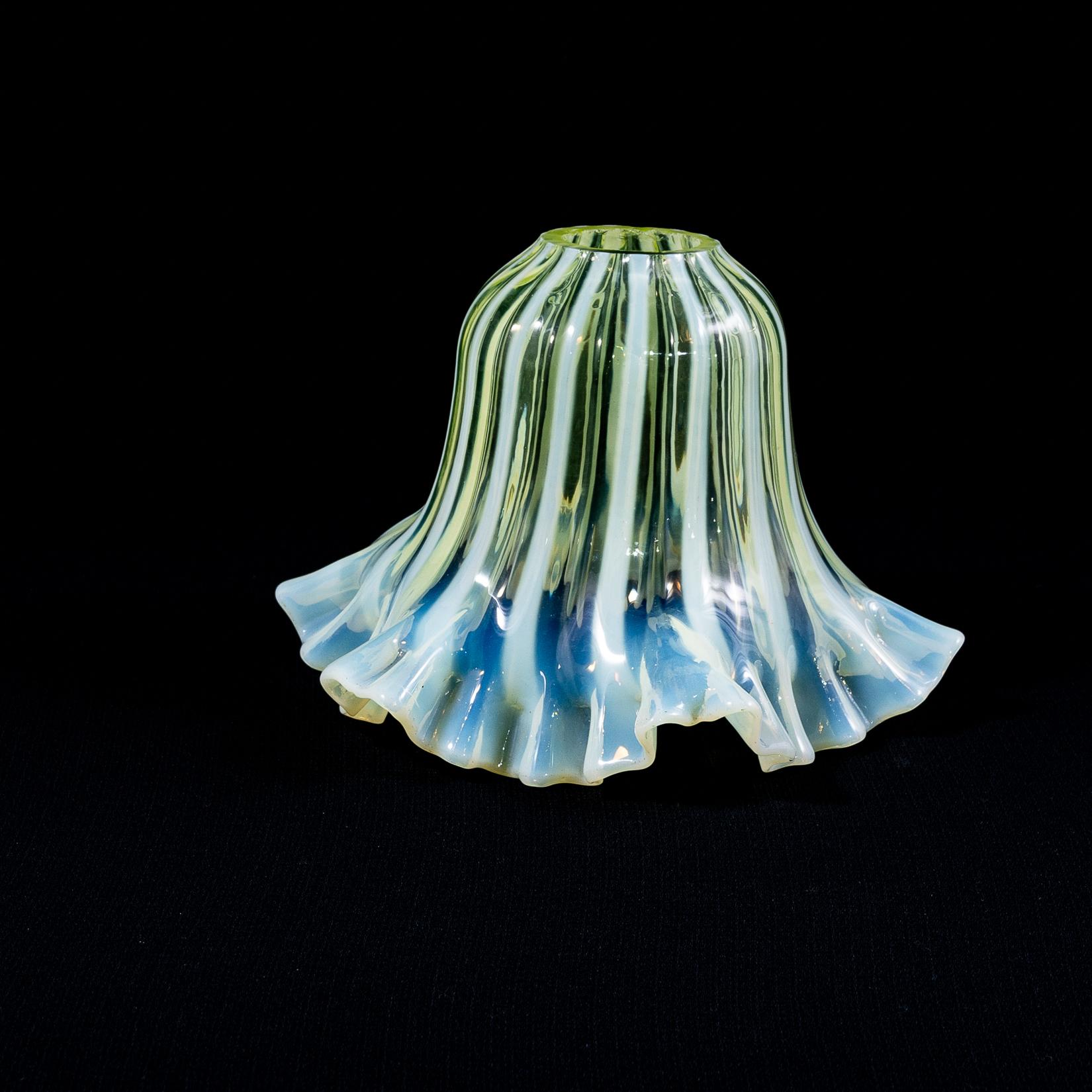 Glass A pleated Vaseline shade, consisting of alternating stripes and a ruffled rim. For Sale