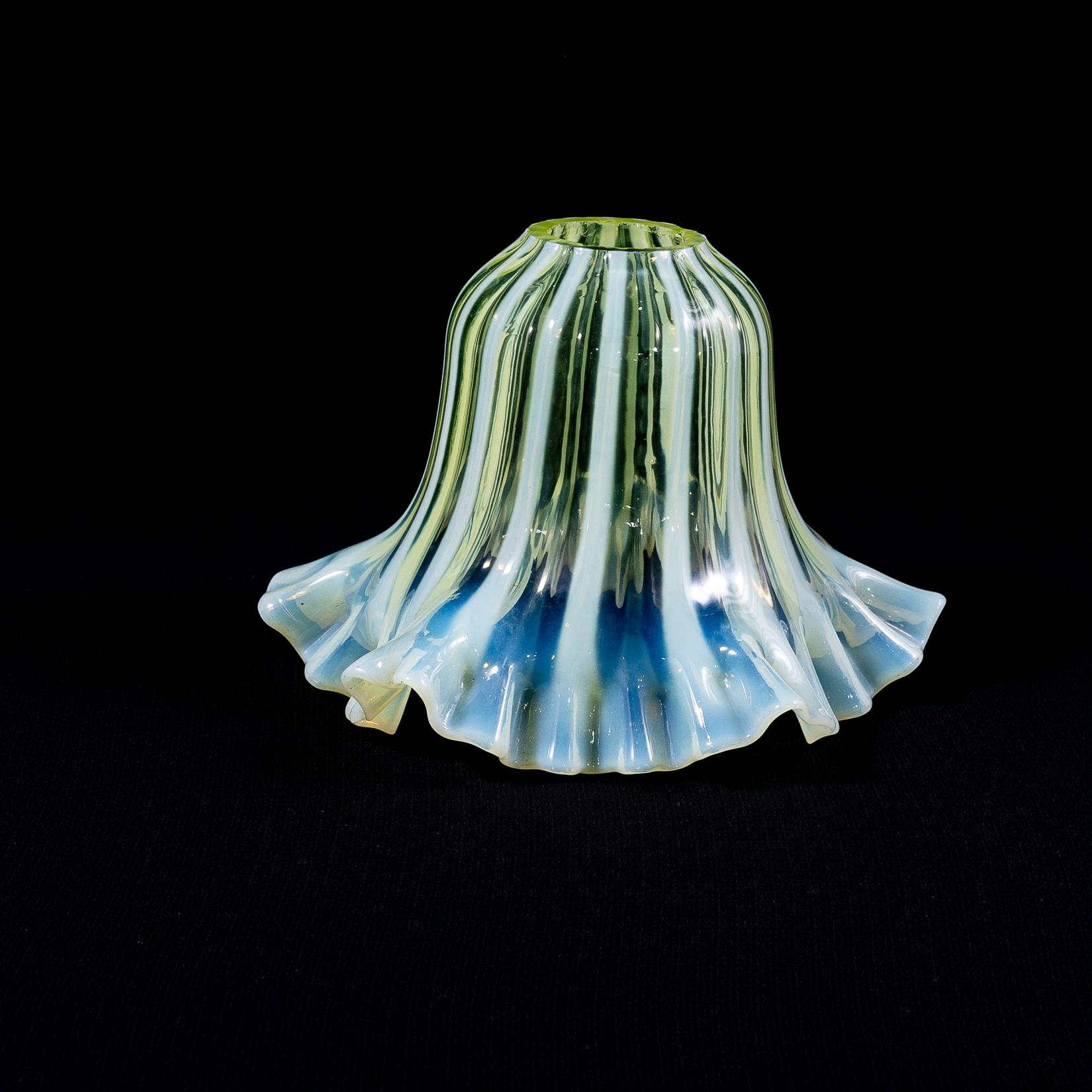 A pleated Vaseline shade, consisting of alternating stripes and a ruffled rim. For Sale 1