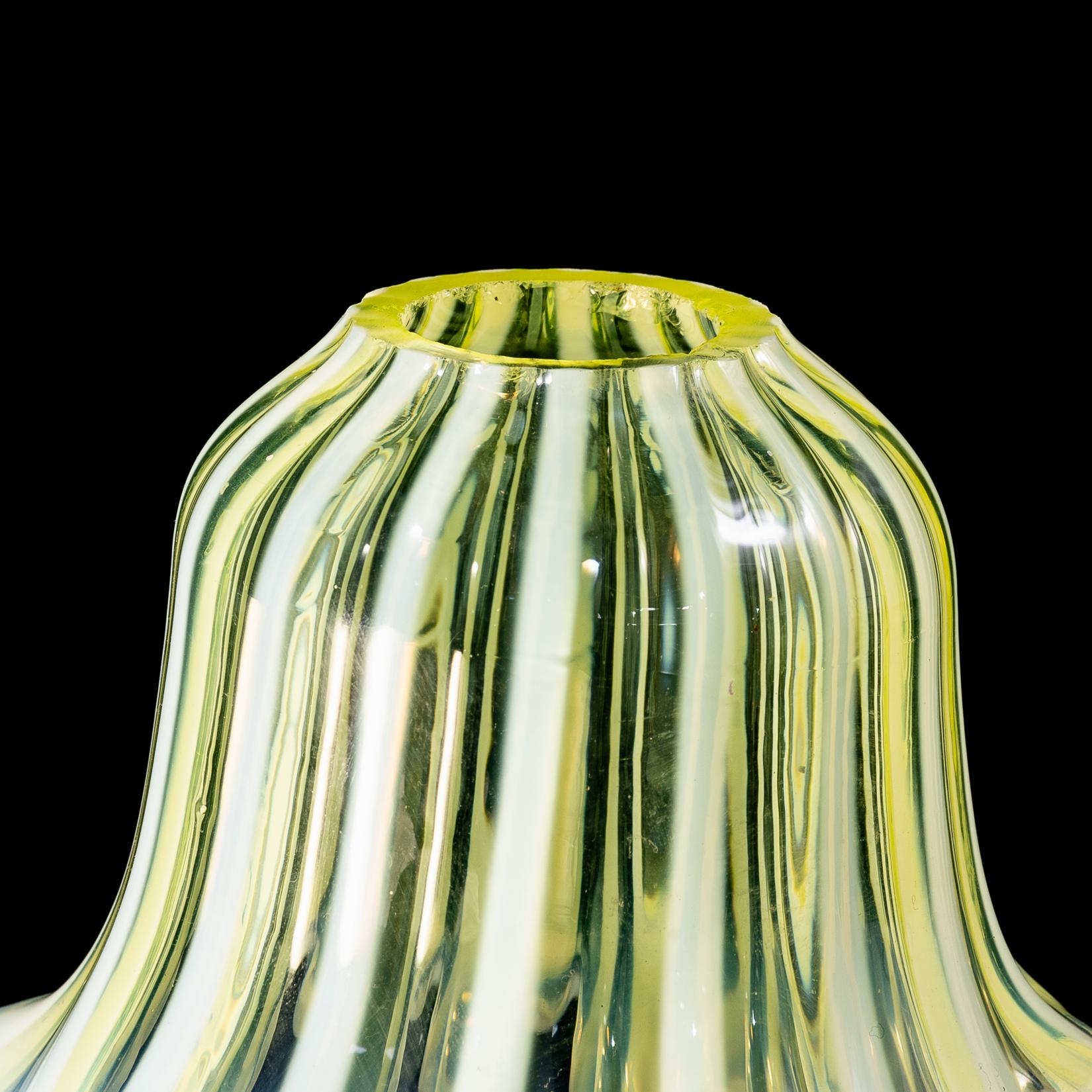 A pleated Vaseline shade, consisting of alternating stripes and a ruffled rim. For Sale 3