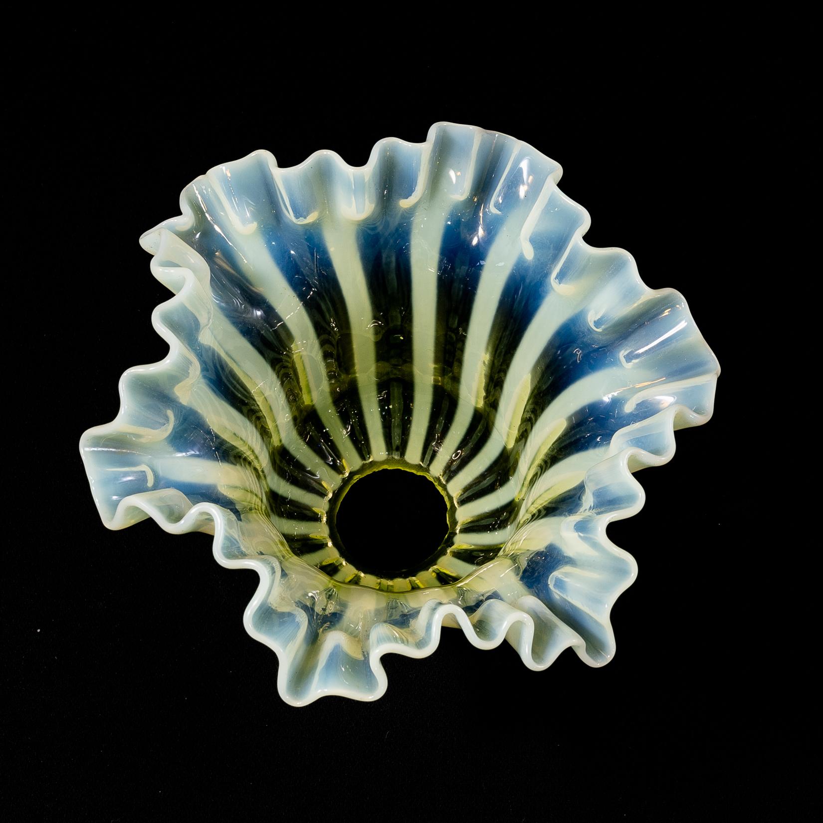 A pleated Vaseline shade, consisting of alternating stripes and a ruffled rim. For Sale 6