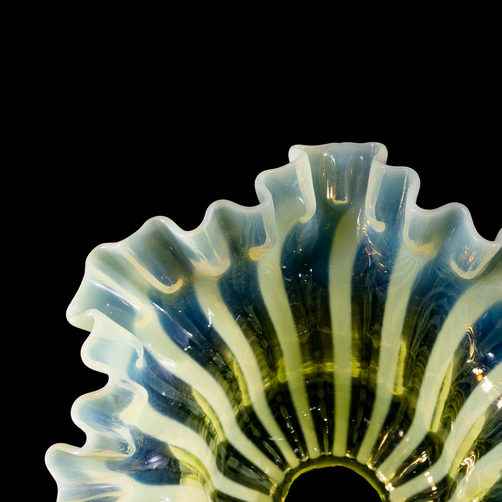A pleated Vaseline shade, consisting of alternating stripes and a ruffled rim. For Sale 9