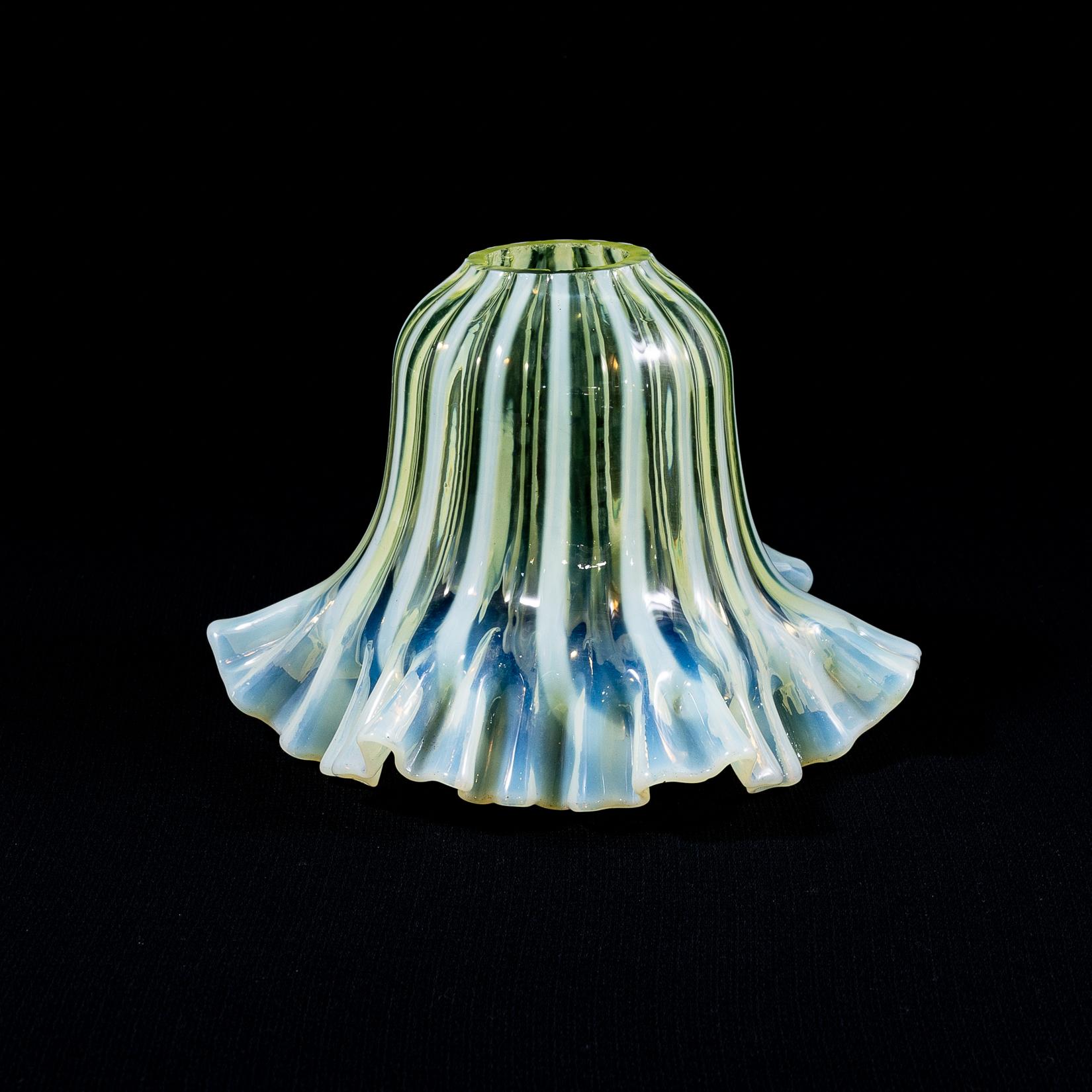 Hand-Crafted A pleated Vaseline shade, consisting of alternating stripes and a ruffled rim. For Sale
