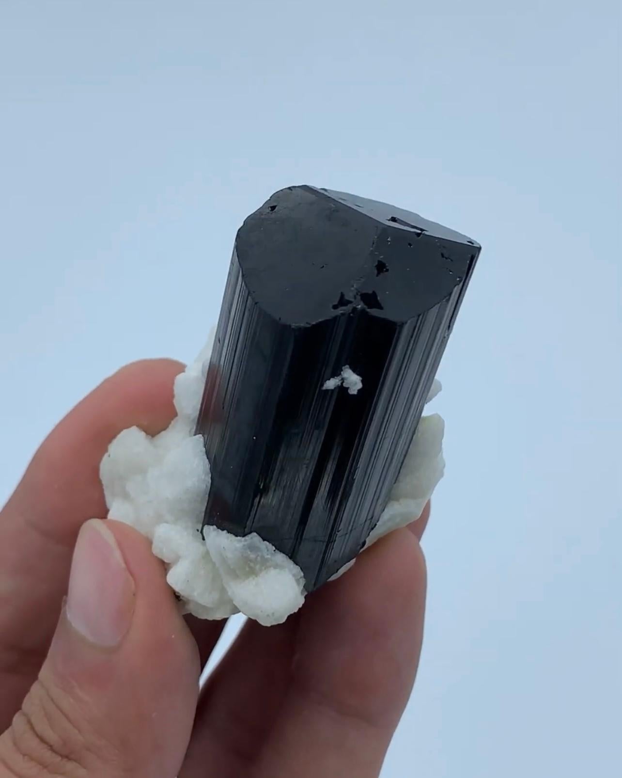 Contemporary Heavily Sharp Striated Black Tourmaline Crystal On Albite From Afghanistan For Sale