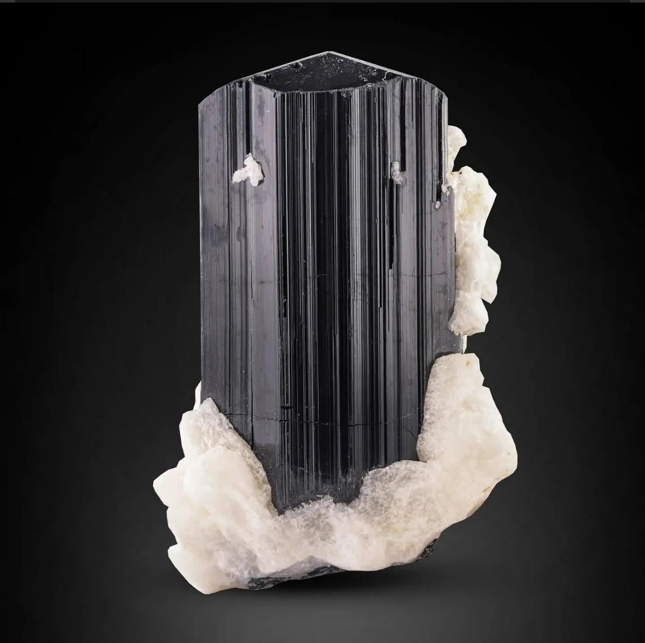 Heavily Sharp Striated Black Tourmaline Crystal On Albite From Afghanistan For Sale 1