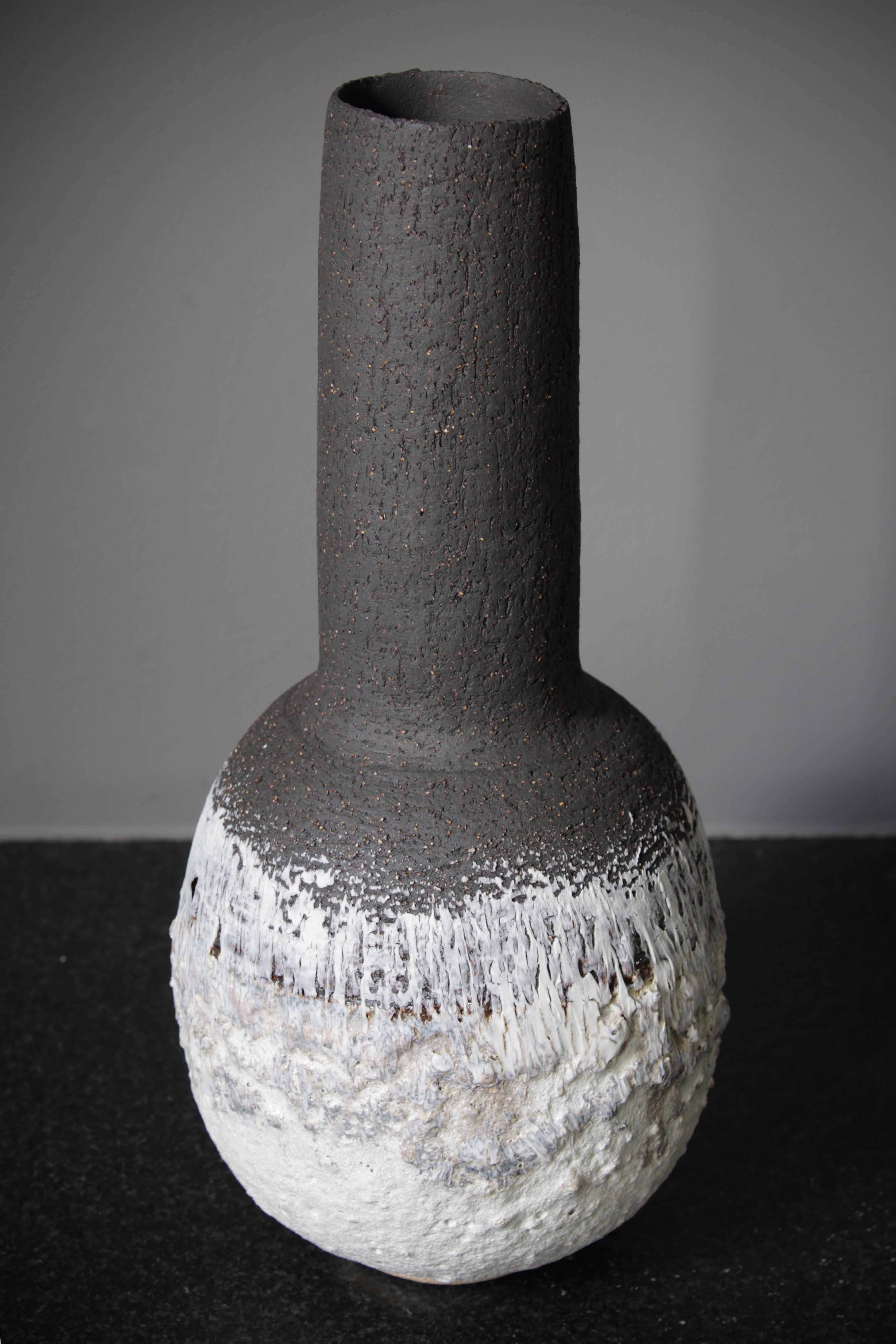 Modern Heavily Textured Bottle Lava White and Black Stoneware Clay and Porcelain Vessel For Sale