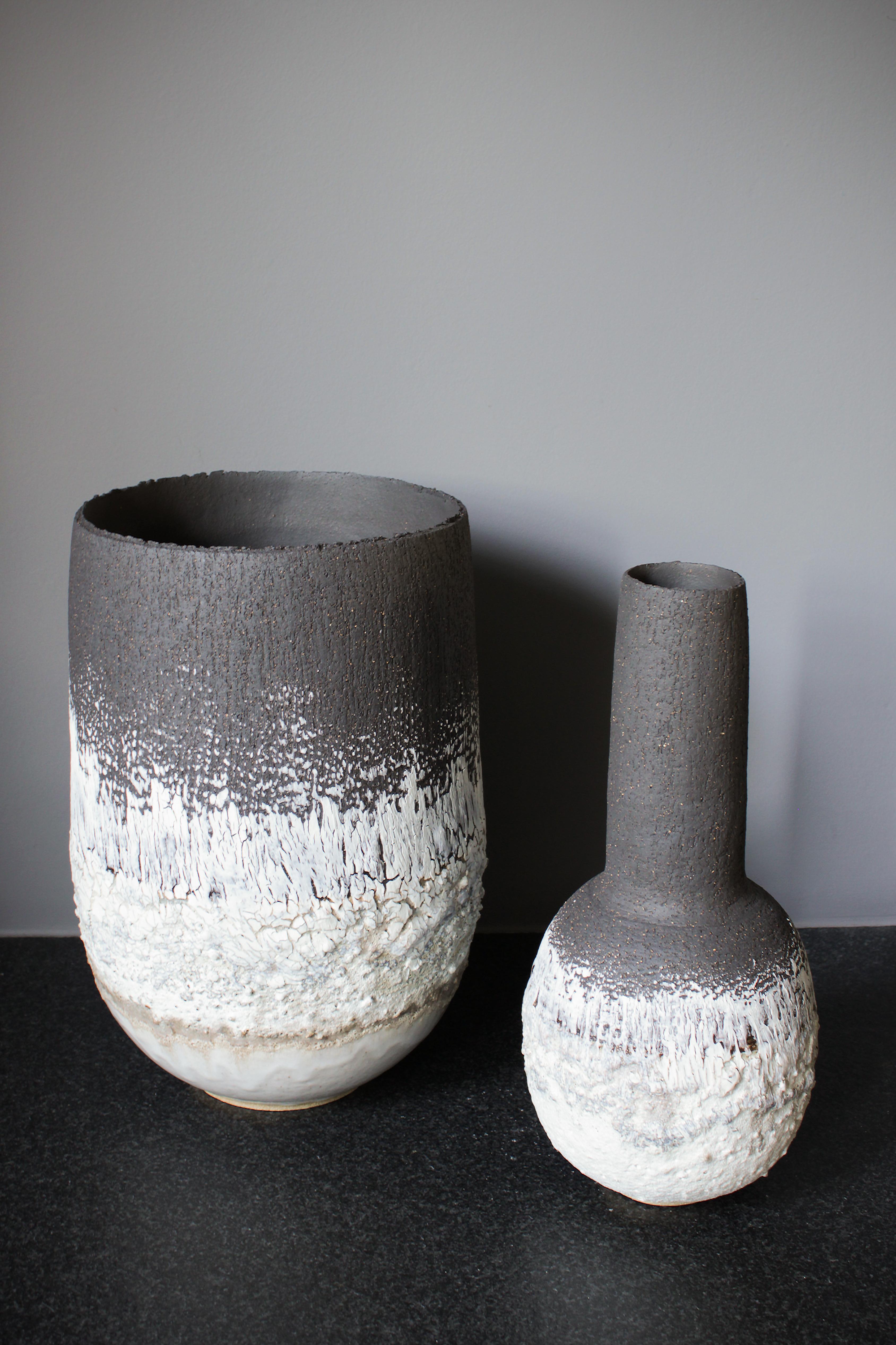 British Heavily Textured Bottle Lava White and Black Stoneware Clay and Porcelain Vessel For Sale