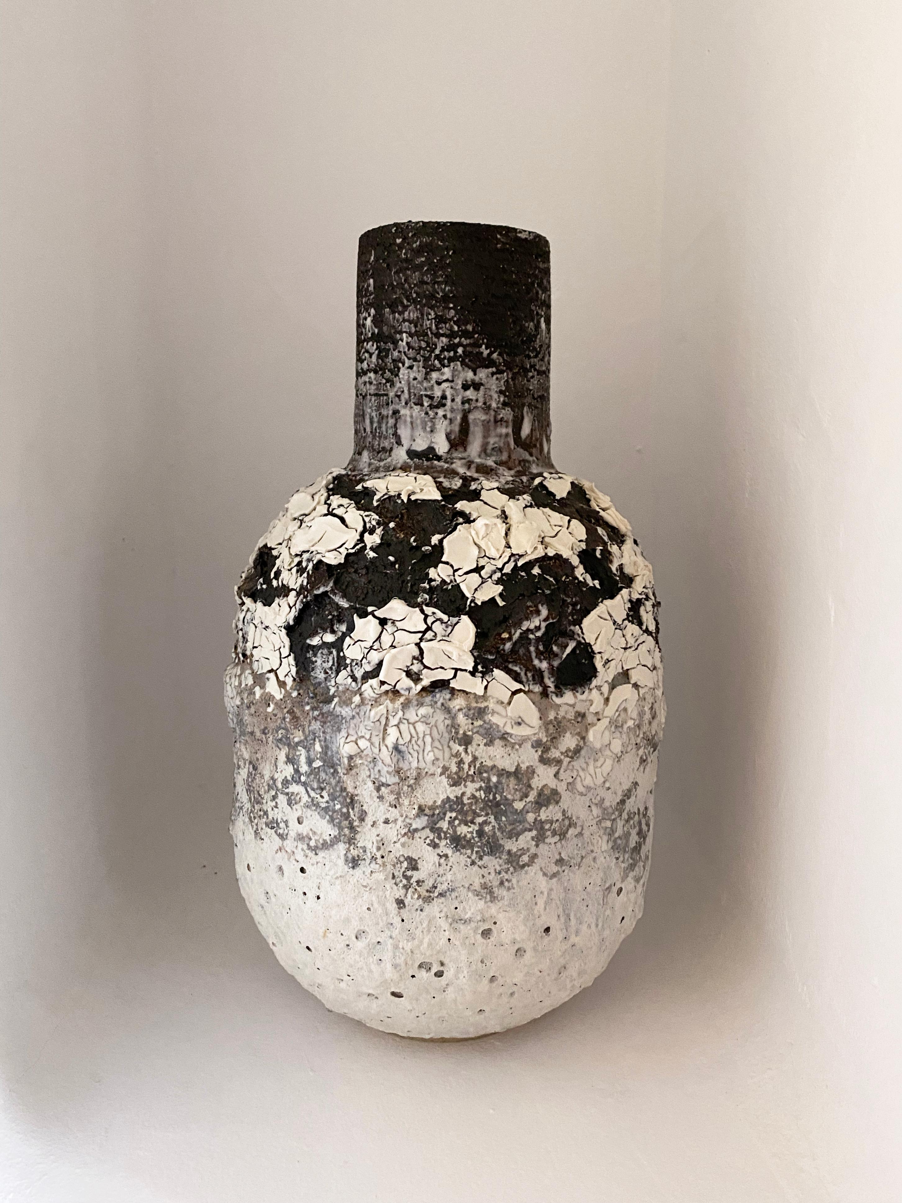 Modern Heavily Textured Bottle Lava White and Black Stoneware Clay and Porcelain Vessel For Sale