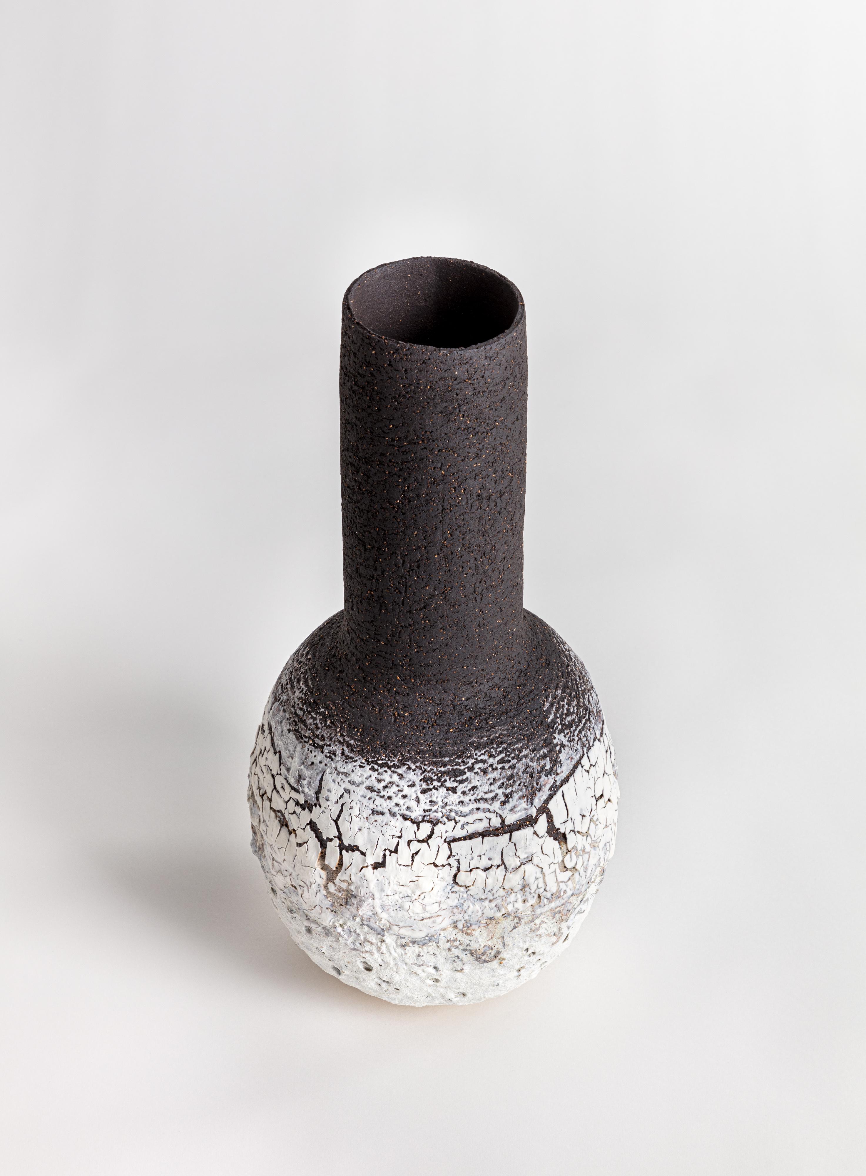 Bottle shaped vase in white and black stoneware clay with porcelain, heavy volcanic textured glaze. There is the option of three different colour ways for commission.

The work is hand built using a combination of stoneware black and buff clays,
