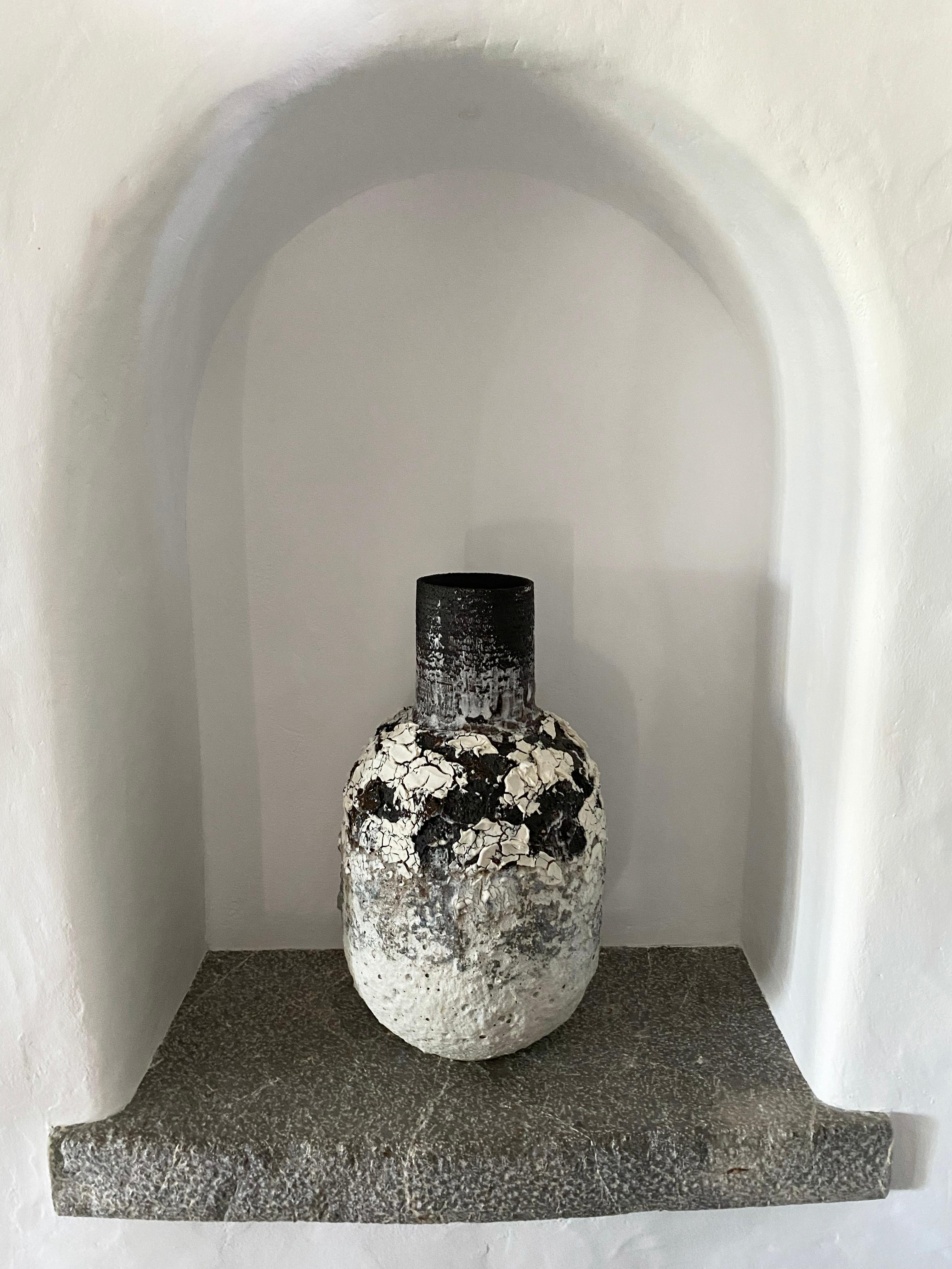 British Heavily Textured Bottle Lava White and Black Stoneware Clay and Porcelain Vessel For Sale