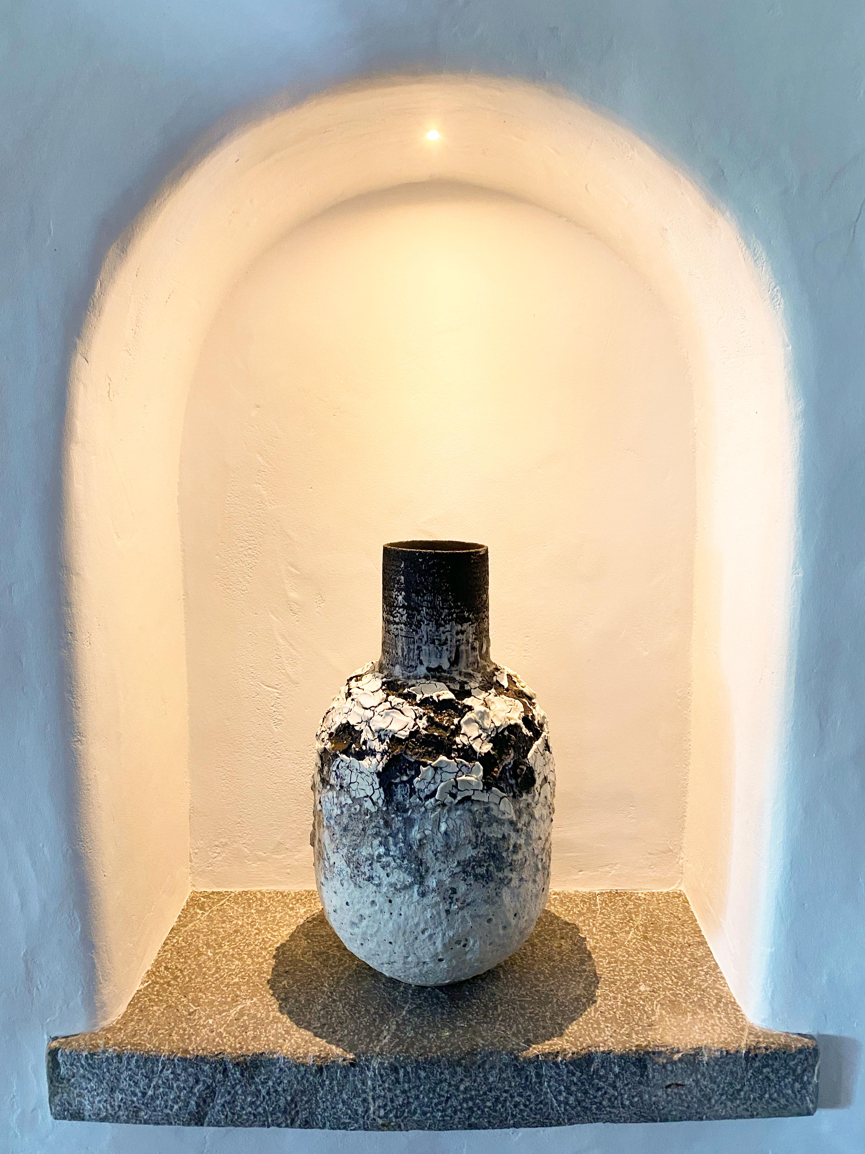 Hand-Crafted Heavily Textured Bottle Lava White and Black Stoneware Clay and Porcelain Vessel For Sale