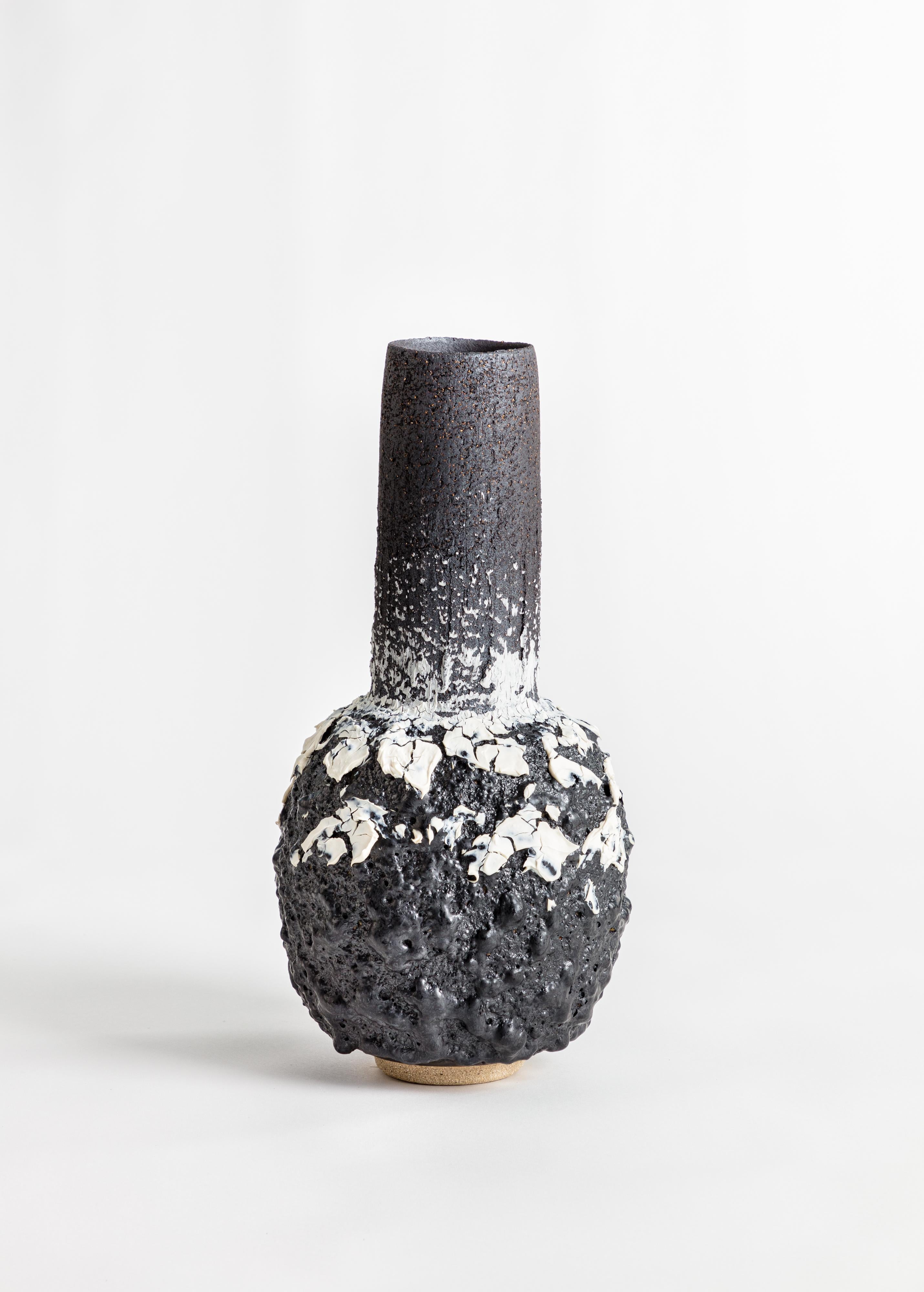 Contemporary Heavily Textured Bottle Lava White and Black Stoneware Clay and Porcelain Vessel For Sale