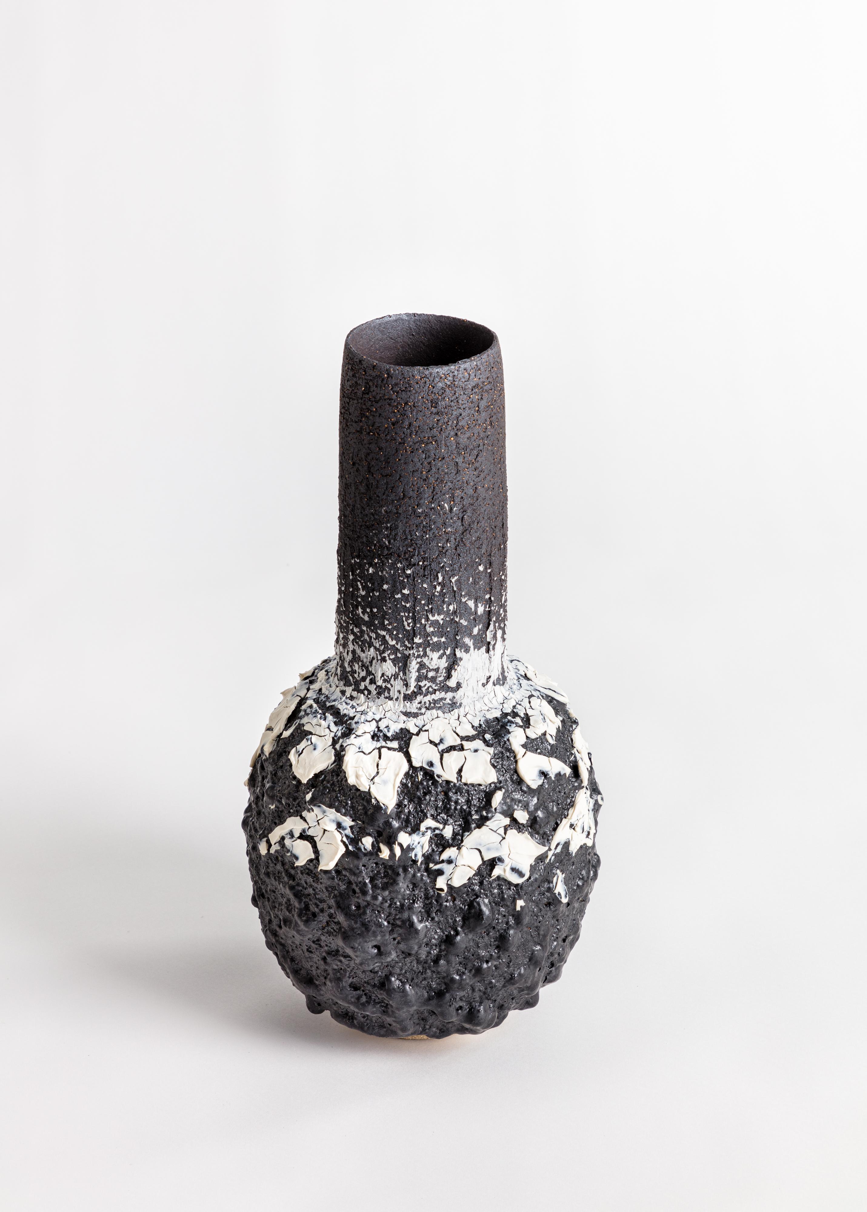 Heavily Textured Bottle Lava White and Black Stoneware Clay and Porcelain Vessel For Sale 1