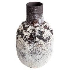 Heavily Textured Bottle Lava White and Black Stoneware Clay and Porcelain Vessel