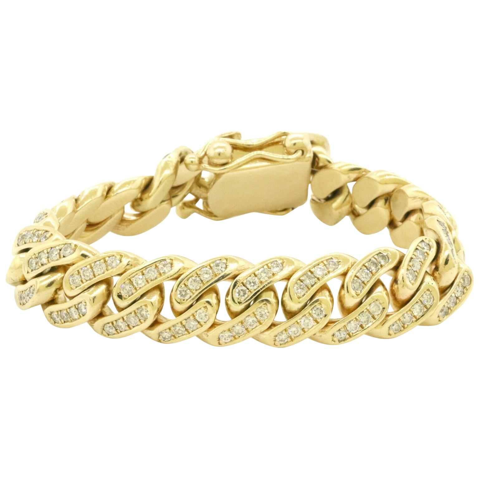Heavy 10k Yellow Gold 9ct Diamond Cluster Thick Cuban Link Chain Bracelet For Sale