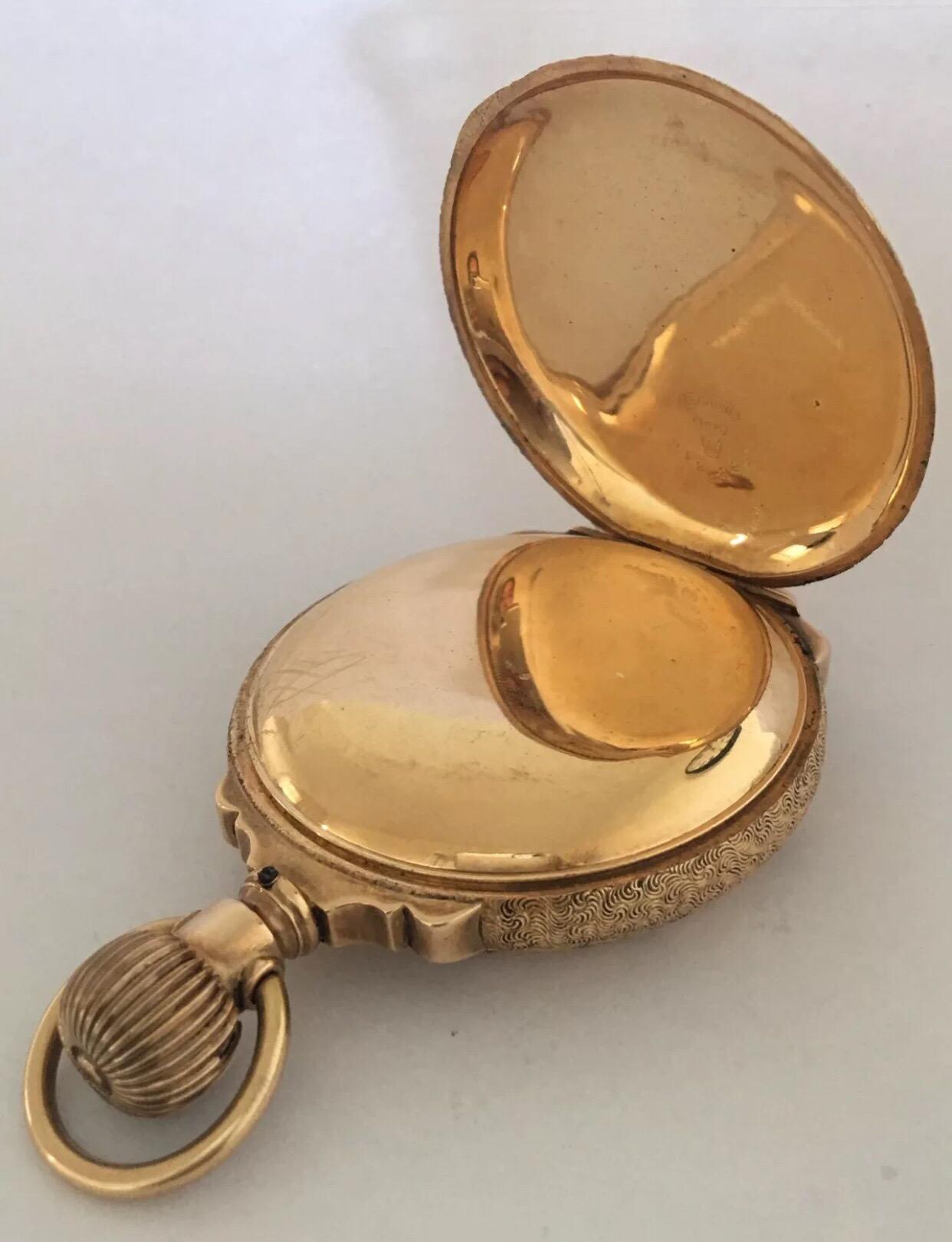 Heavy 14 Karat Gold Full Engraved Full Hunter Case Elgin Antique Pocket Watch In Good Condition For Sale In Carlisle, GB