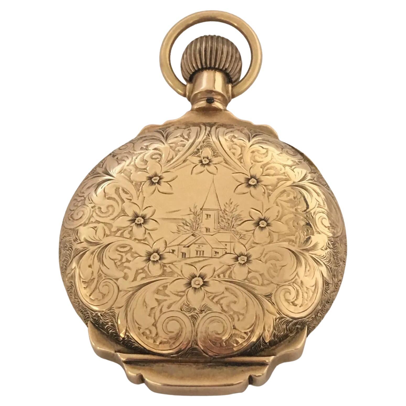 Heavy 14 Karat Gold Full Engraved Full Hunter Case Elgin Antique Pocket Watch For Sale