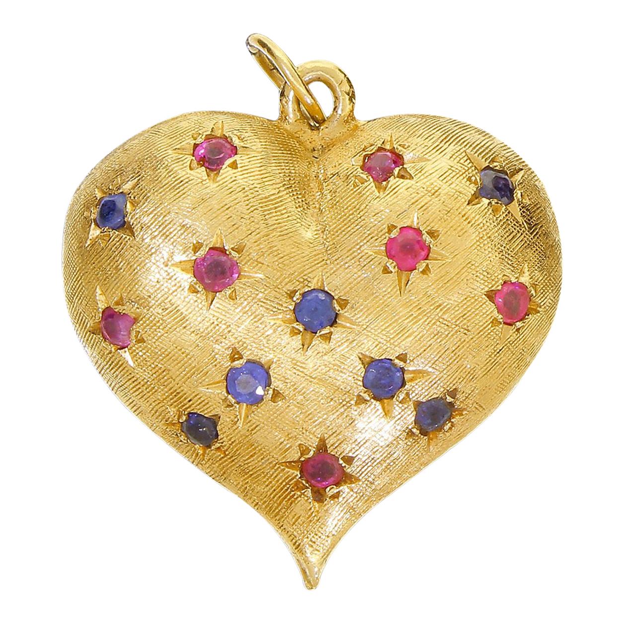 Heavy 14 Karat Gold Love Heart Pendant or Large Charm Red Ruby and Sapphire