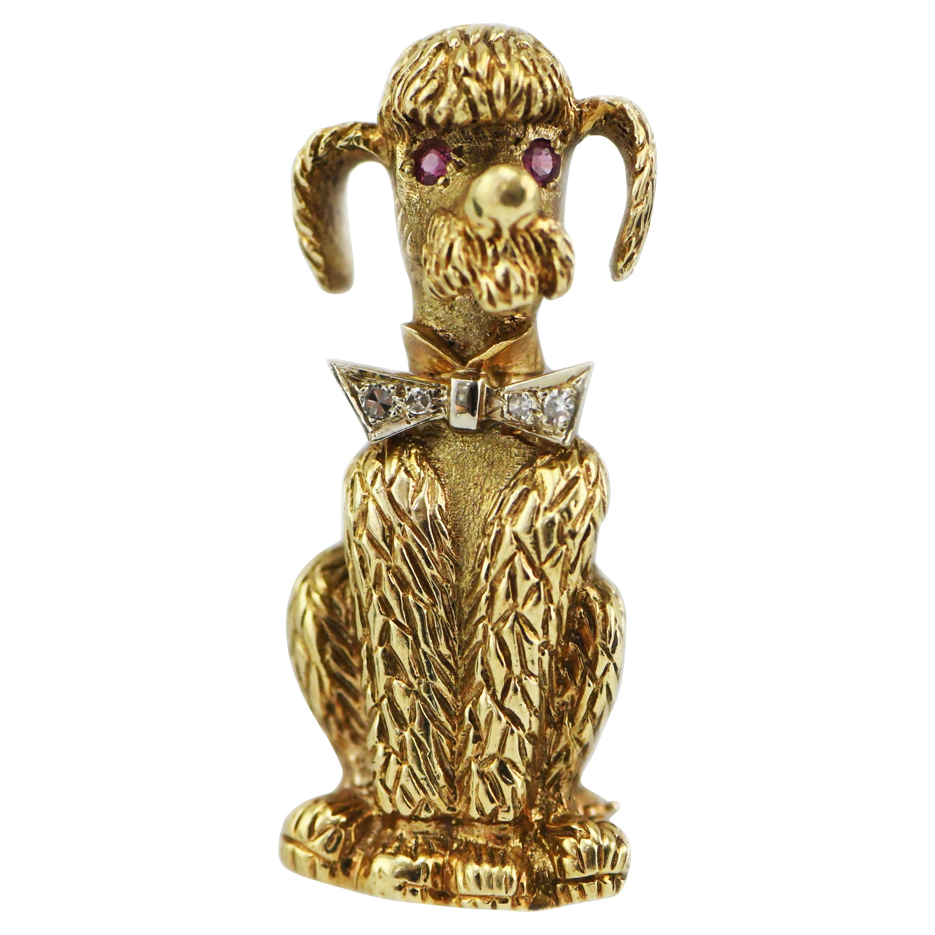 Heavy 14 Karat Yellow Gold Poodle Pin Pendant with Ruby Eyes and Diamond Bowtie For Sale