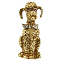 Heavy 14 Karat Yellow Gold Poodle Pin Pendant with Ruby Eyes and Diamond Bowtie