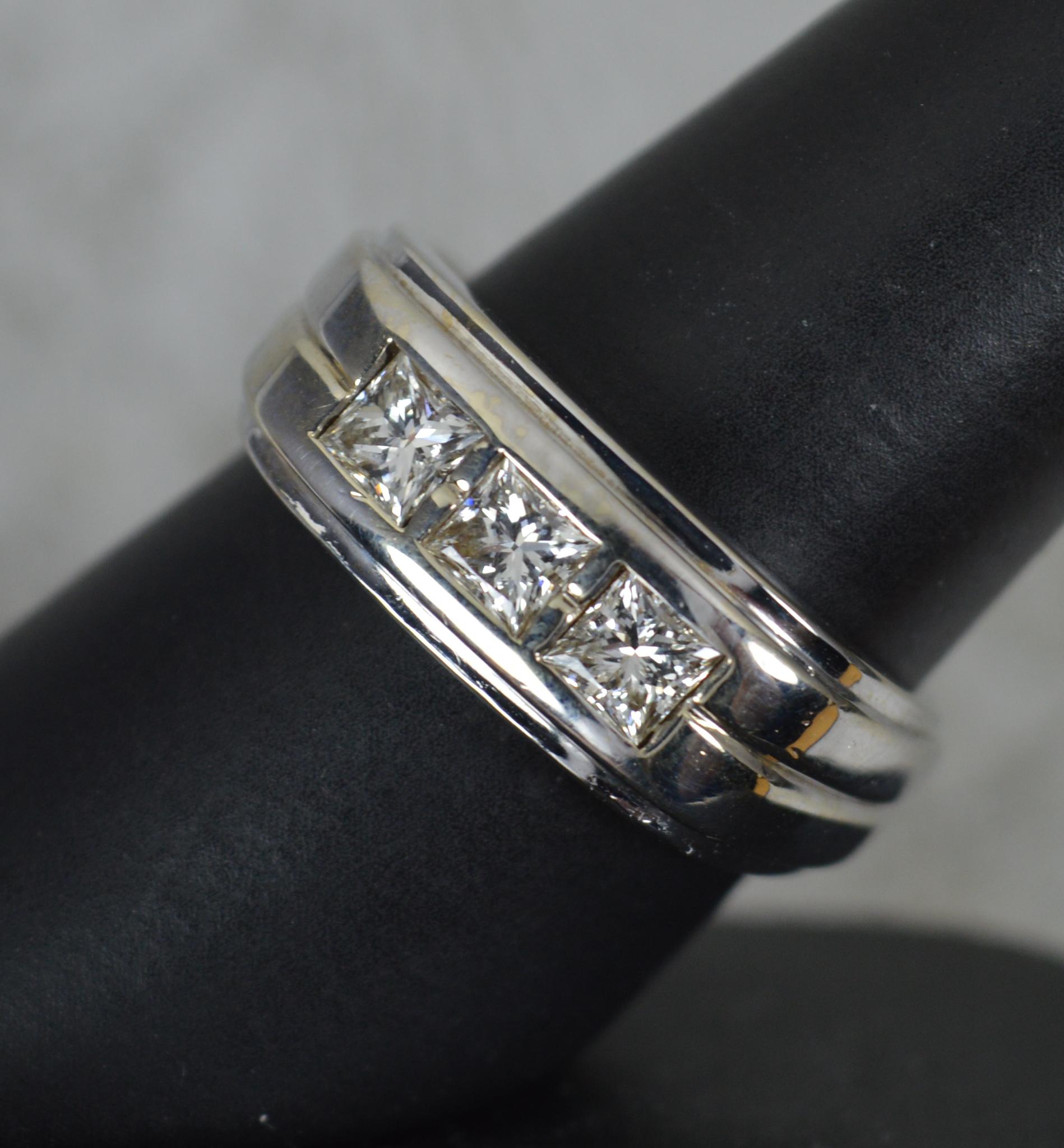 Heavy 14ct White Gold and 0.9ct Princess Cut Diamond Trilogy Ring 4