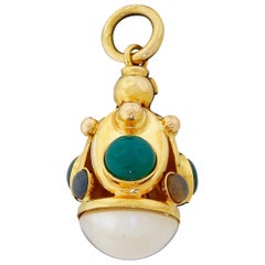 Heavy 14k Gold Accent Charm or Fob with Chrysoprase Moonstone Mabe Pearl 10.2Gr