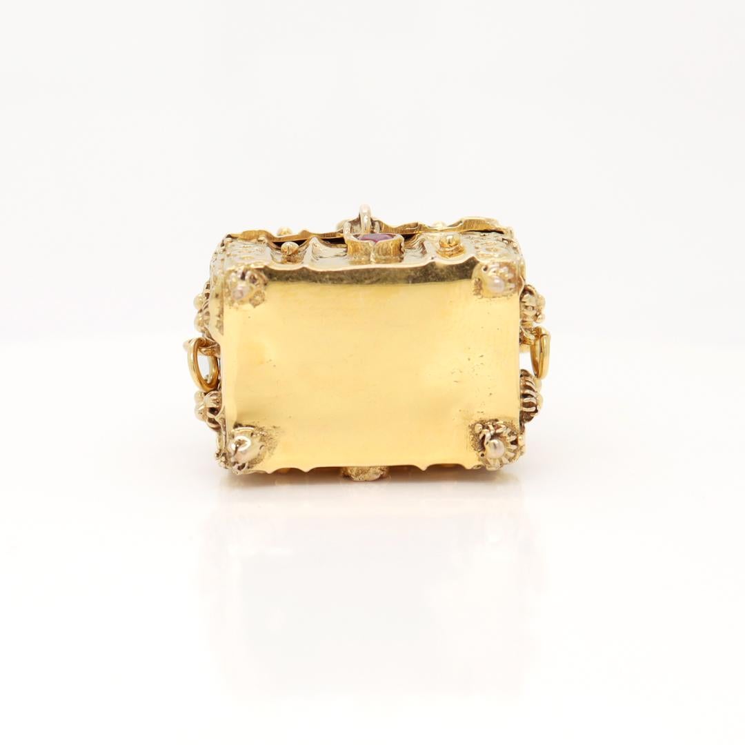 Heavy 14k Gold & Multi-Gemstone Treasure Chest Charm or Pendant For Sale 5