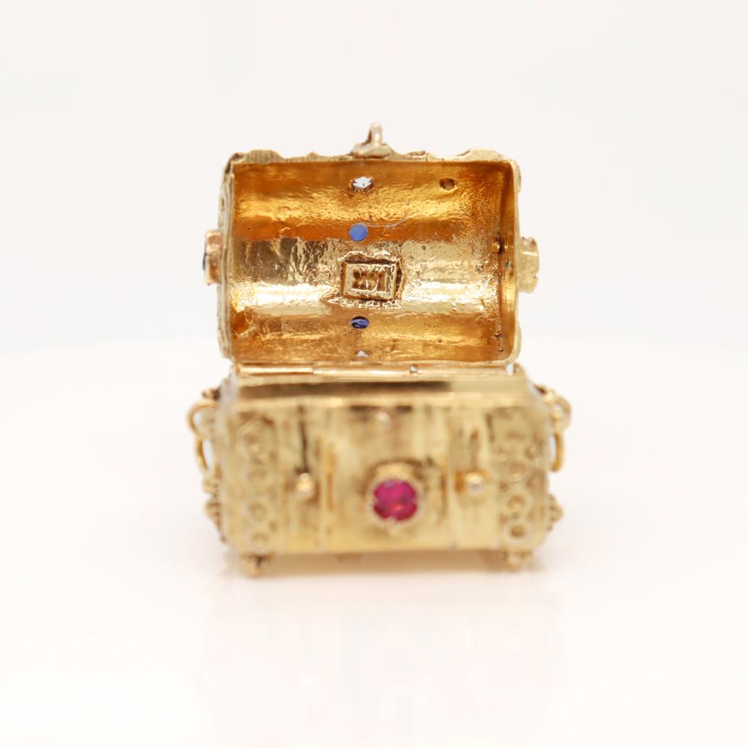 Heavy 14k Gold & Multi-Gemstone Treasure Chest Charm or Pendant For Sale 8