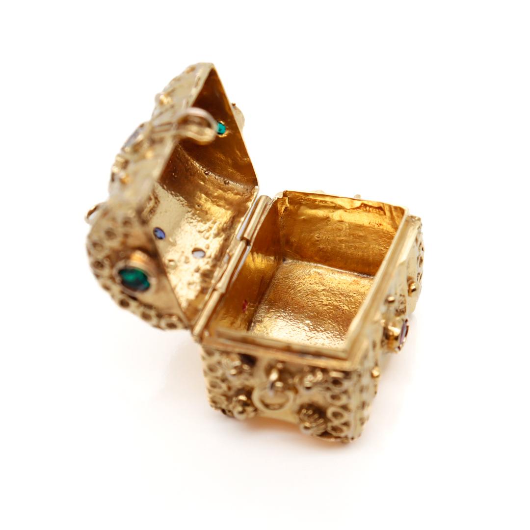 Heavy 14k Gold & Multi-Gemstone Treasure Chest Charm or Pendant For Sale 10
