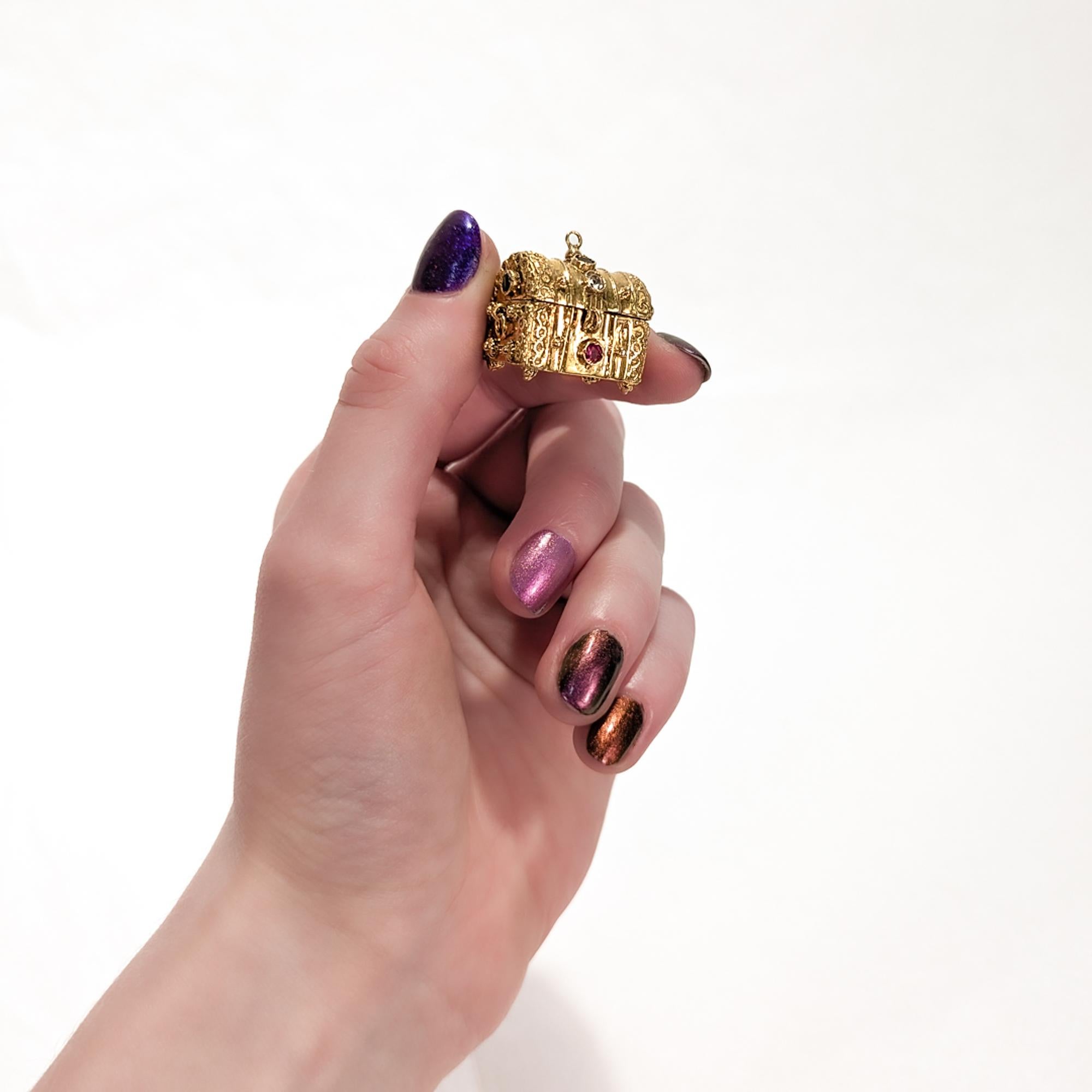 Heavy 14k Gold & Multi-Gemstone Treasure Chest Charm or Pendant For Sale 11