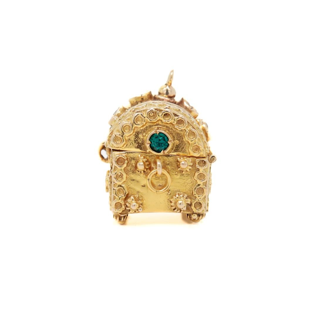 Round Cut Heavy 14k Gold & Multi-Gemstone Treasure Chest Charm or Pendant For Sale