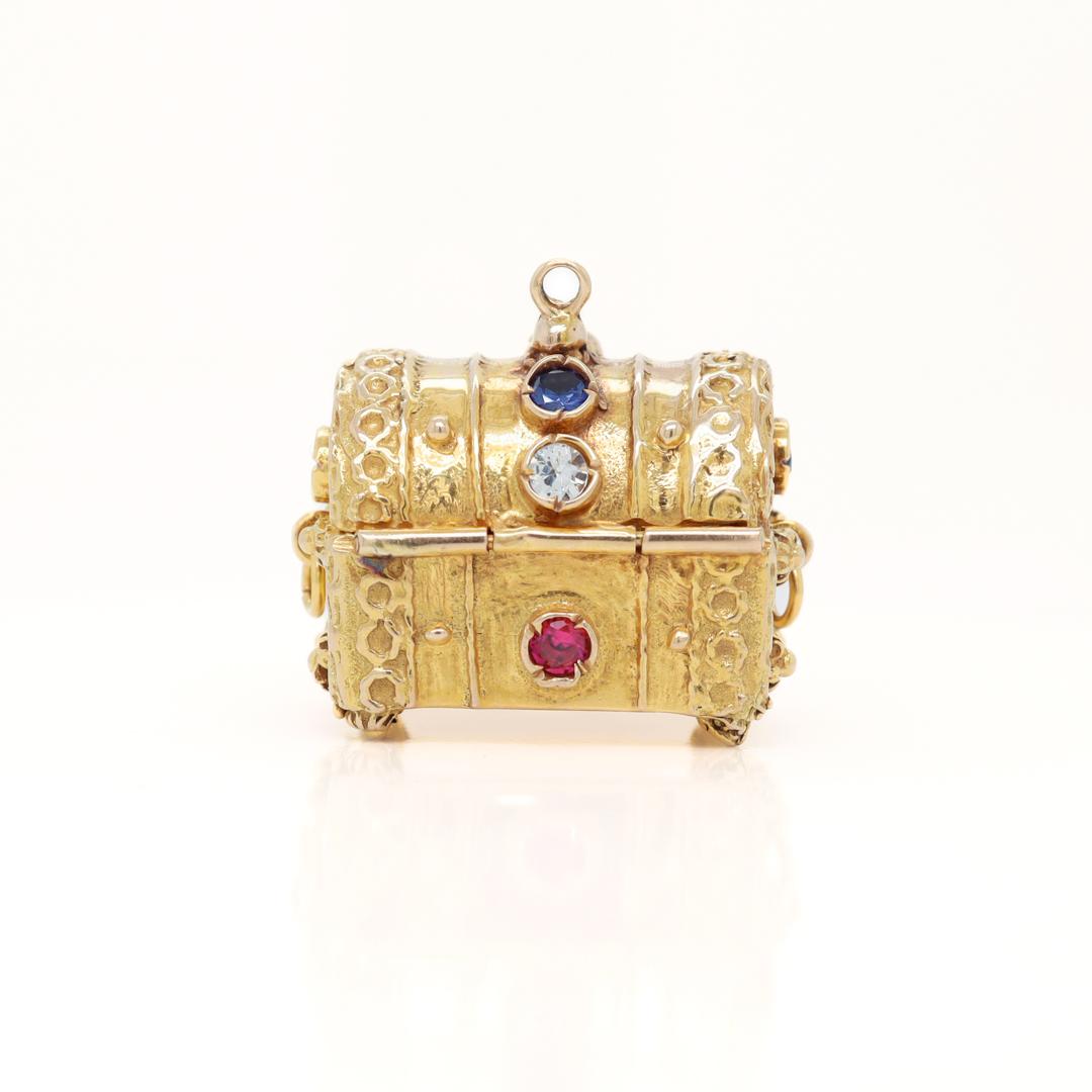 Round Cut Heavy 14k Gold & Multi-Gemstone Treasure Chest Charm or Pendant For Sale