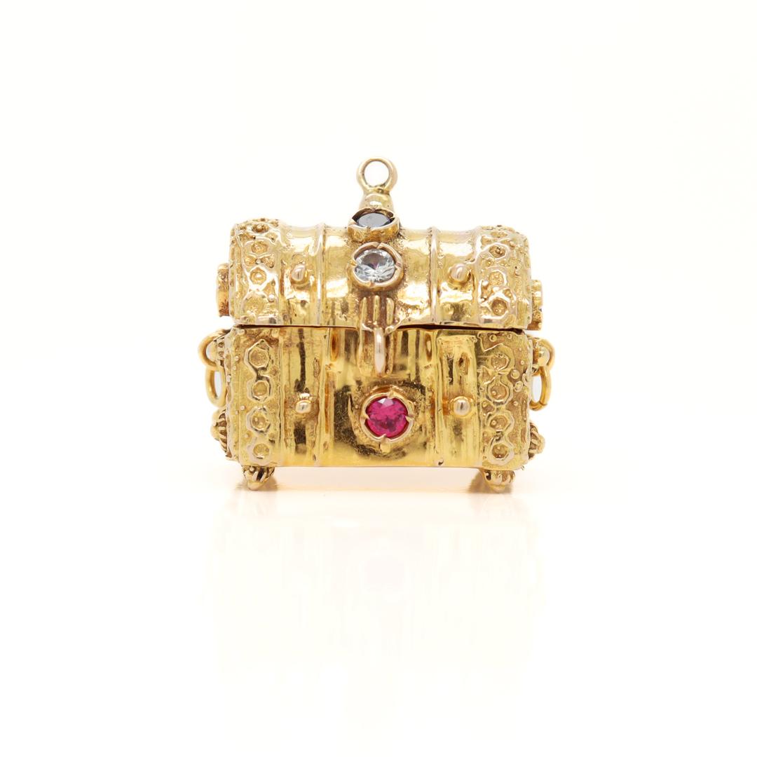 Women's or Men's Heavy 14k Gold & Multi-Gemstone Treasure Chest Charm or Pendant For Sale