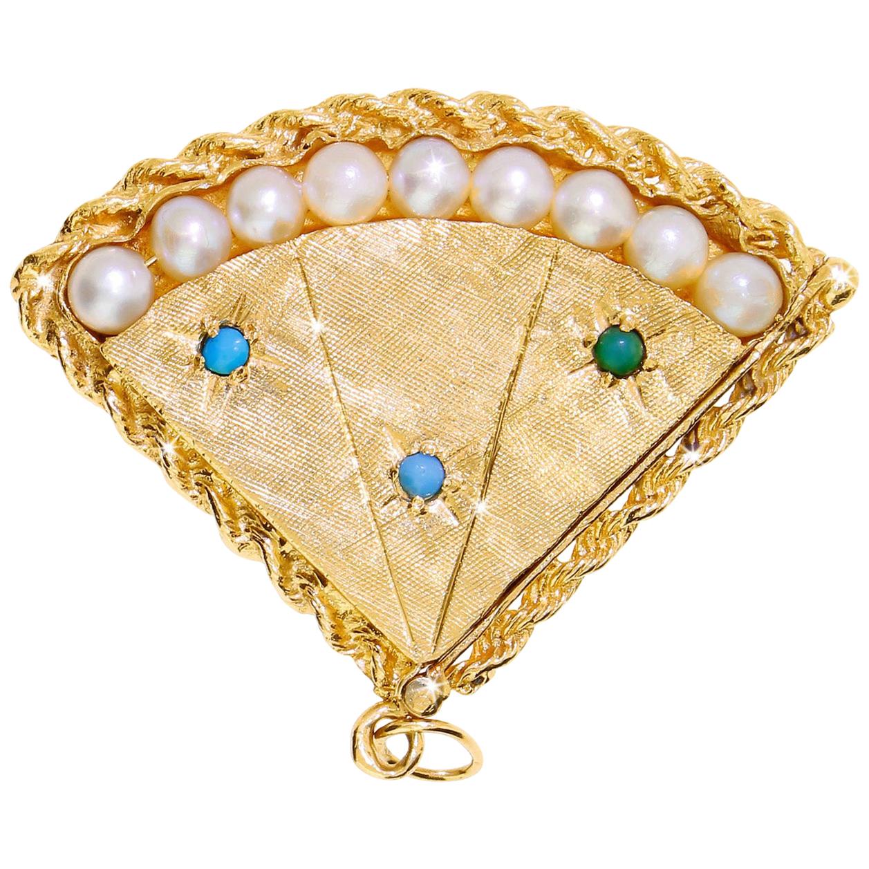 Pendentif en or 14 carats lourd avec turquoise perse et perle, médaillon photo en forme de médaillon XL