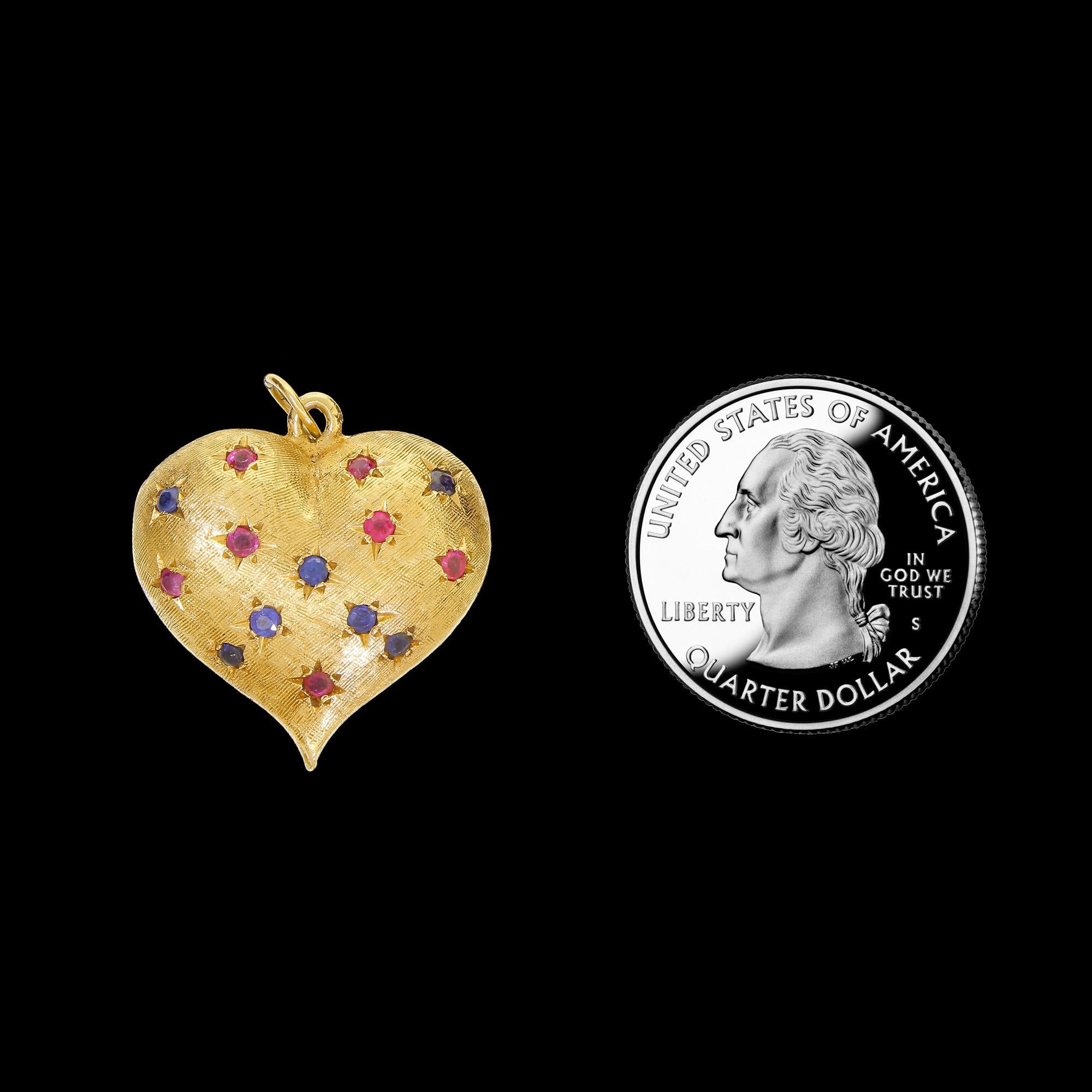 Round Cut Heavy 14 Karat Gold Love Heart Pendant or Large Charm Red Ruby and Sapphire