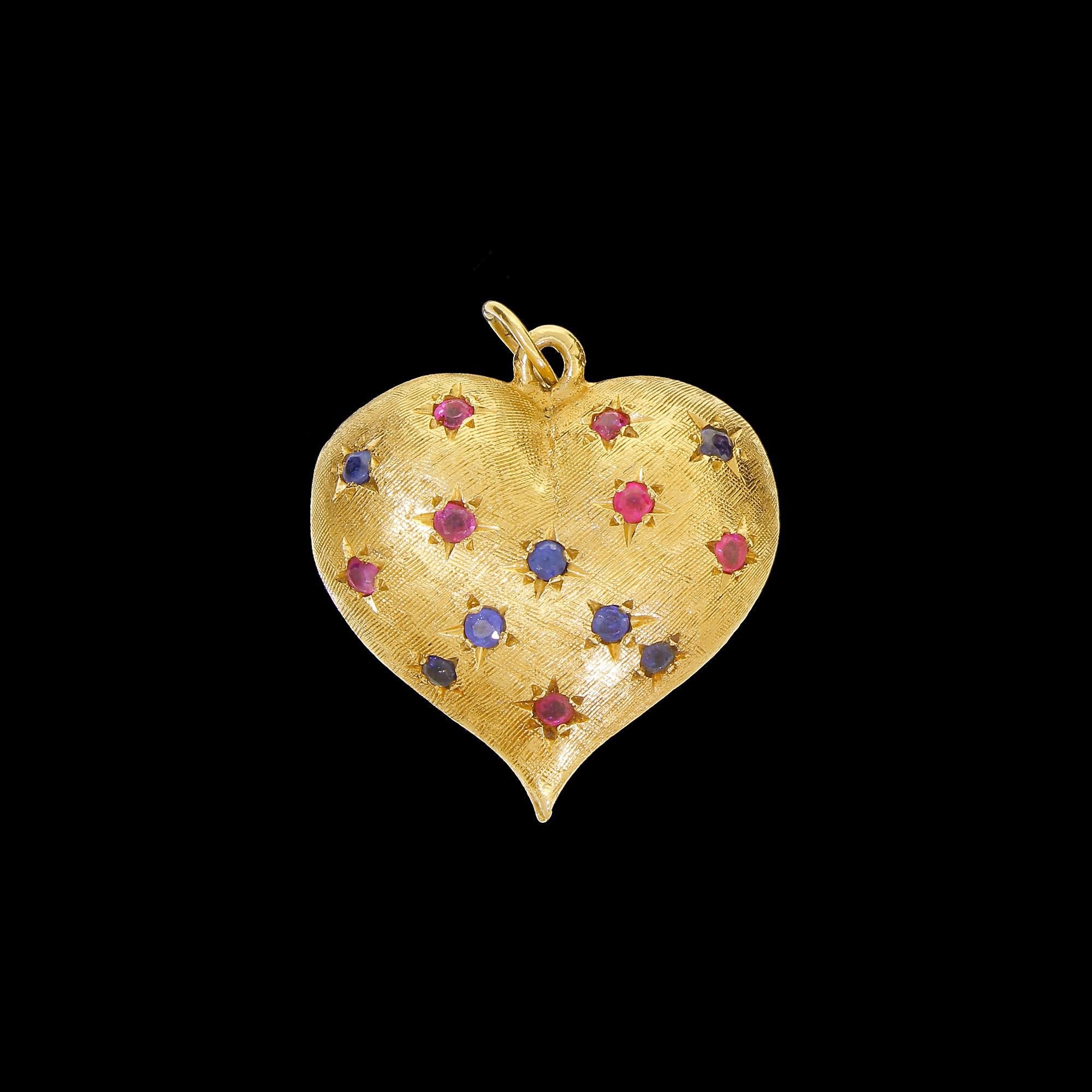 Heavy 14 Karat Gold Love Heart Pendant or Large Charm Red Ruby and Sapphire In Excellent Condition In Lauderdale by the Sea, FL