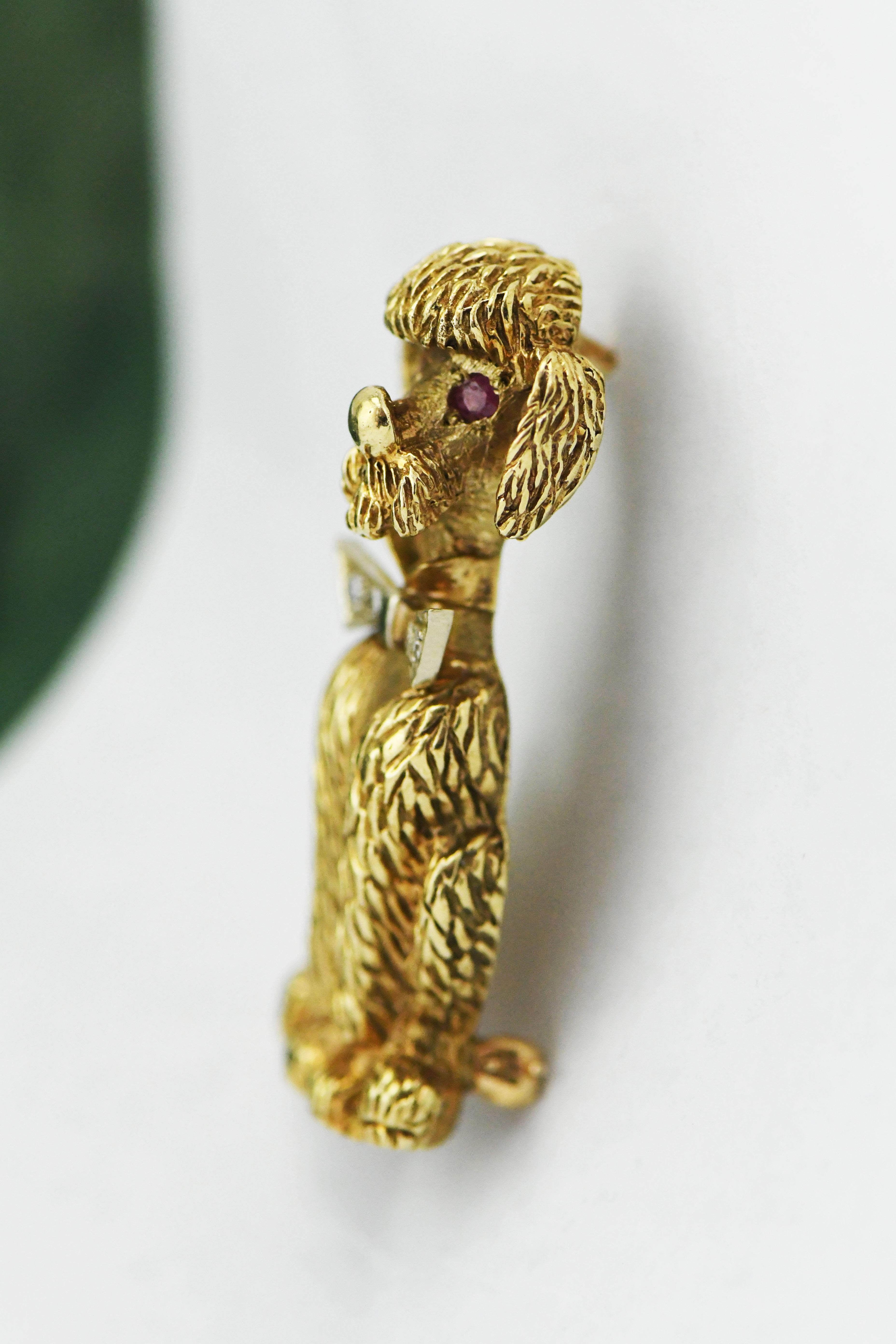 Heavy 14 Karat Yellow Gold Poodle Pin Pendant with Ruby Eyes and Diamond Bowtie In Good Condition For Sale In Overland Park, KS