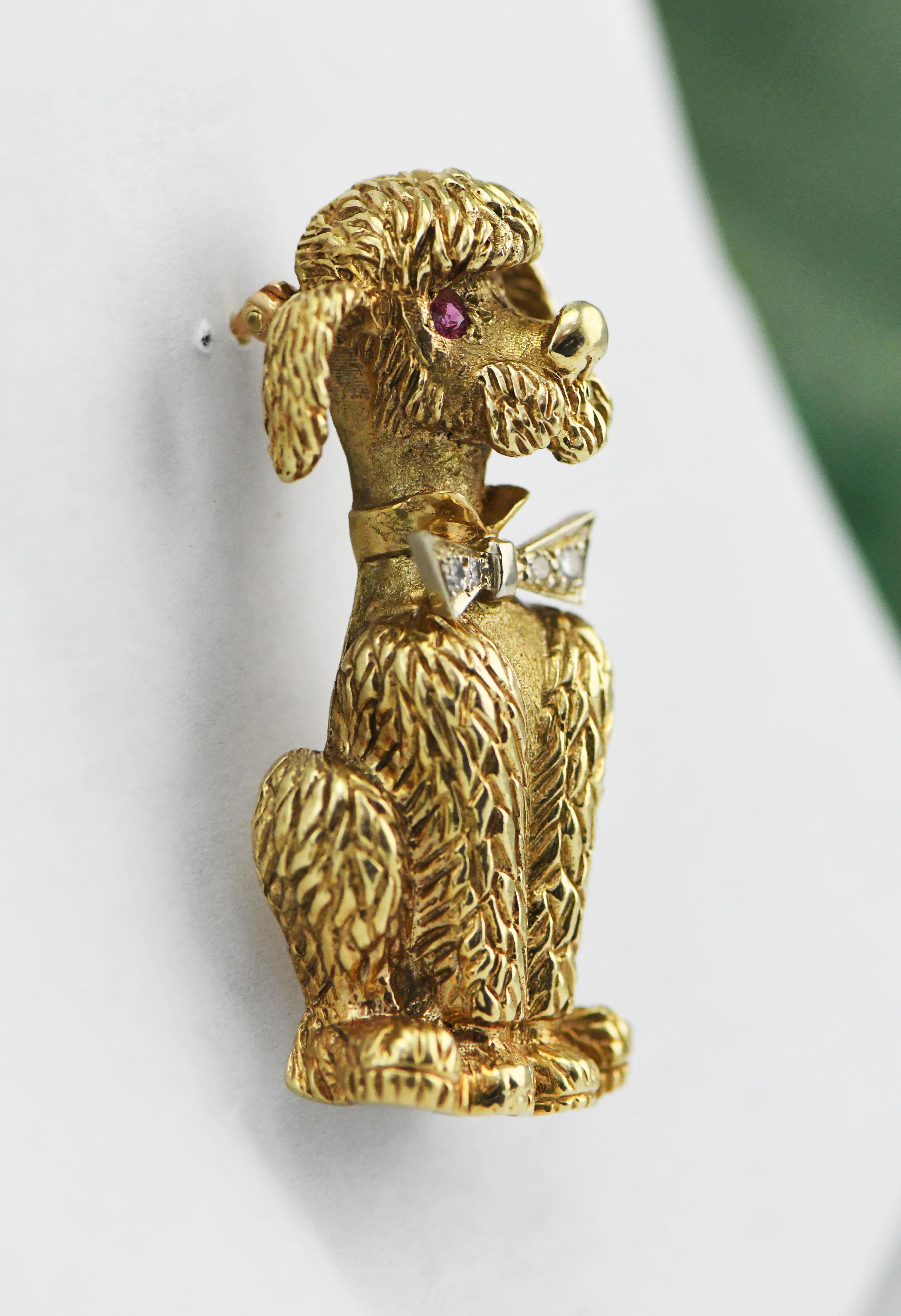 Women's or Men's Heavy 14 Karat Yellow Gold Poodle Pin Pendant with Ruby Eyes and Diamond Bowtie For Sale