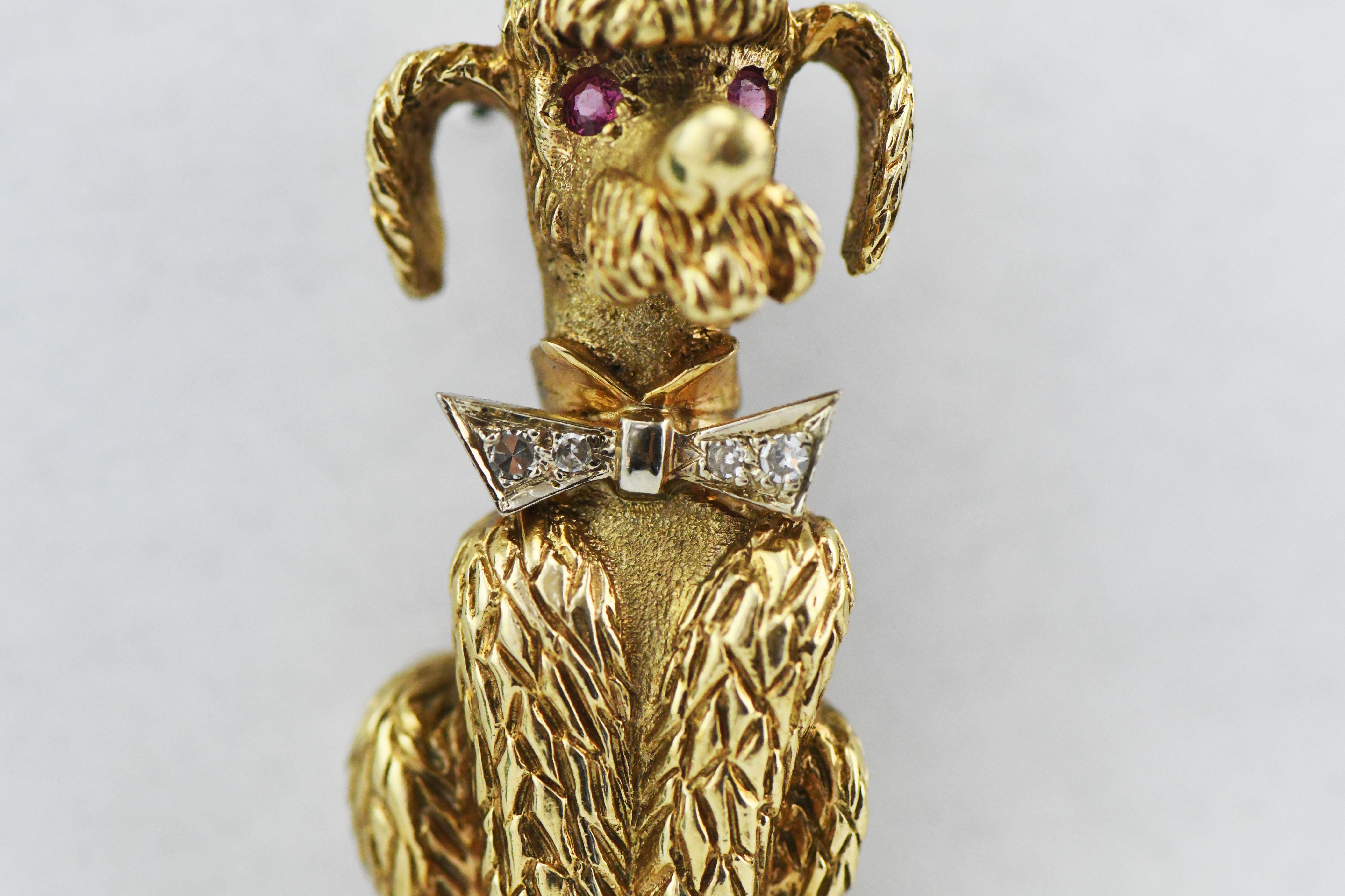 Heavy 14 Karat Yellow Gold Poodle Pin Pendant with Ruby Eyes and Diamond Bowtie For Sale 1