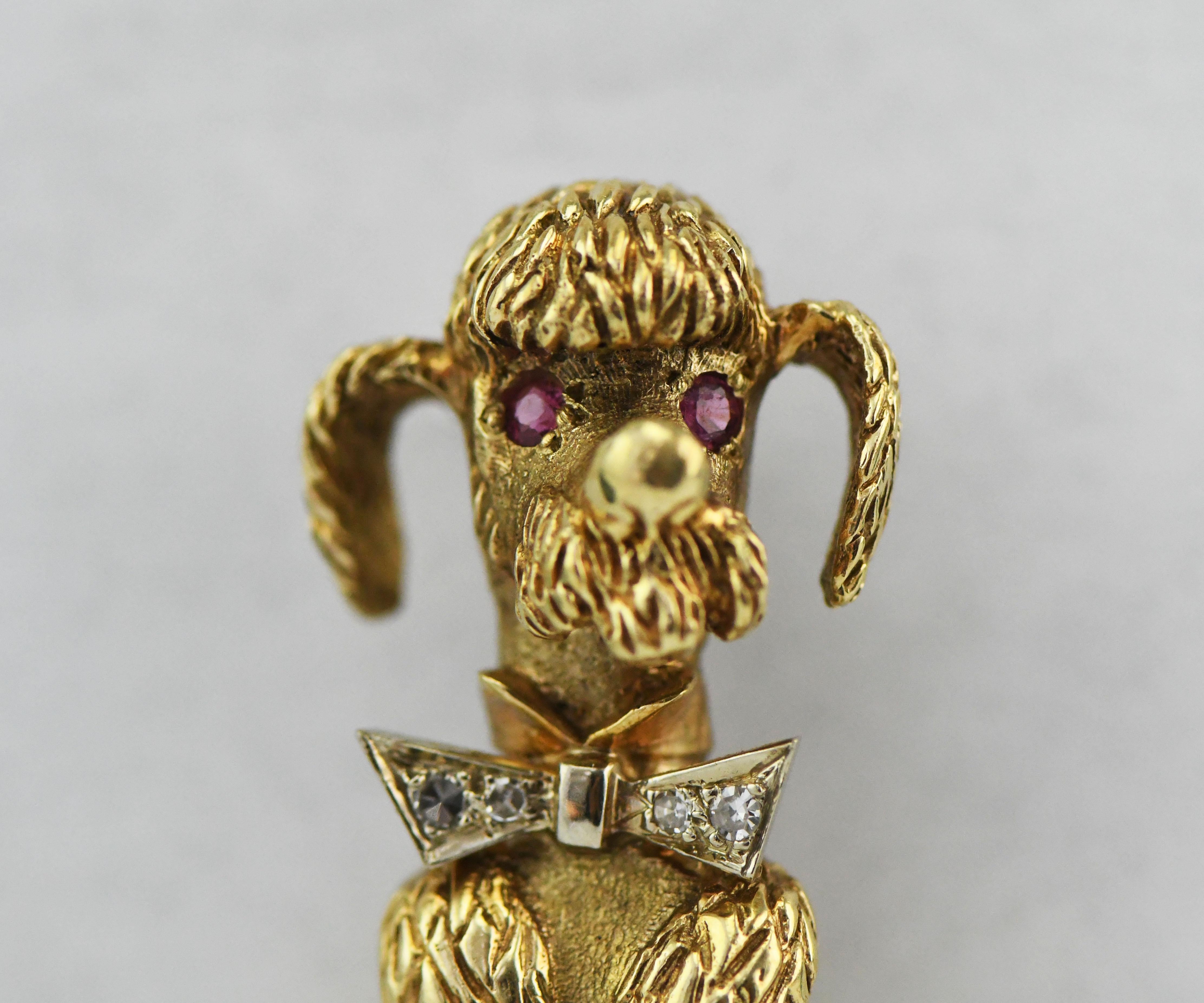 Heavy 14 Karat Yellow Gold Poodle Pin Pendant with Ruby Eyes and Diamond Bowtie For Sale 2