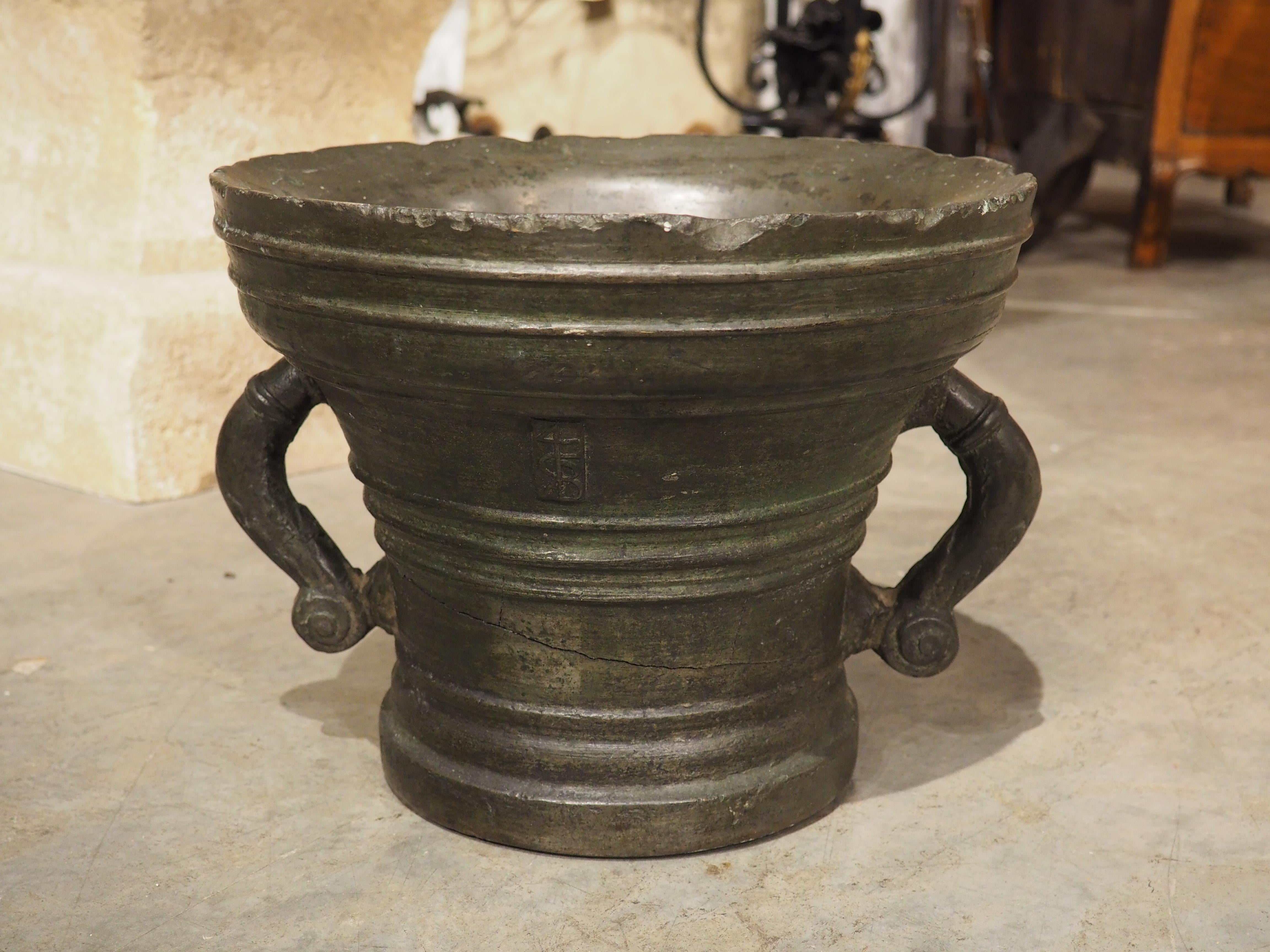 Heavy 16th Century French Bronze Mortar with Handles, Dated 1587, 109 lbs For Sale 6